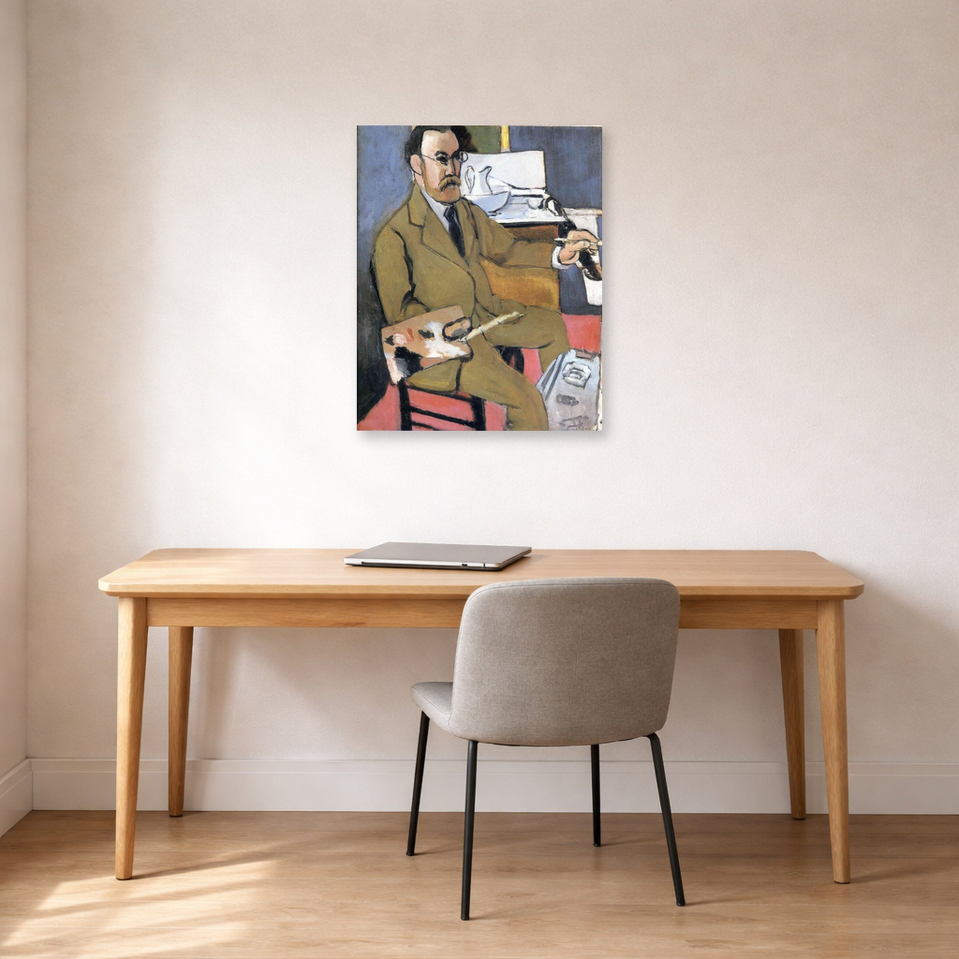 Unframed poster print of Henri Matisse's Self-portrait displayed in a home office