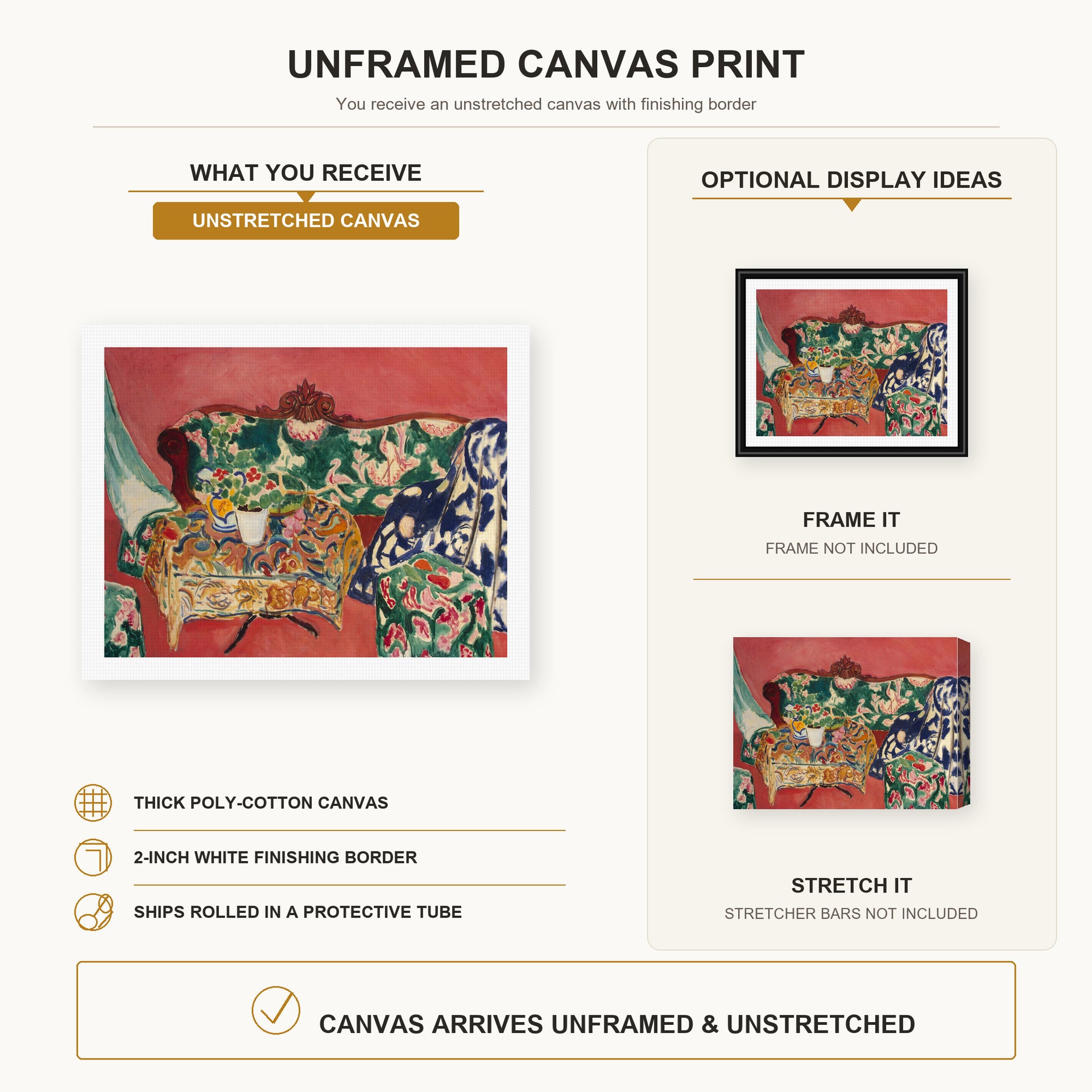 Henri Matisse - Seville Still Life canvas print size comparison and framing display infographic