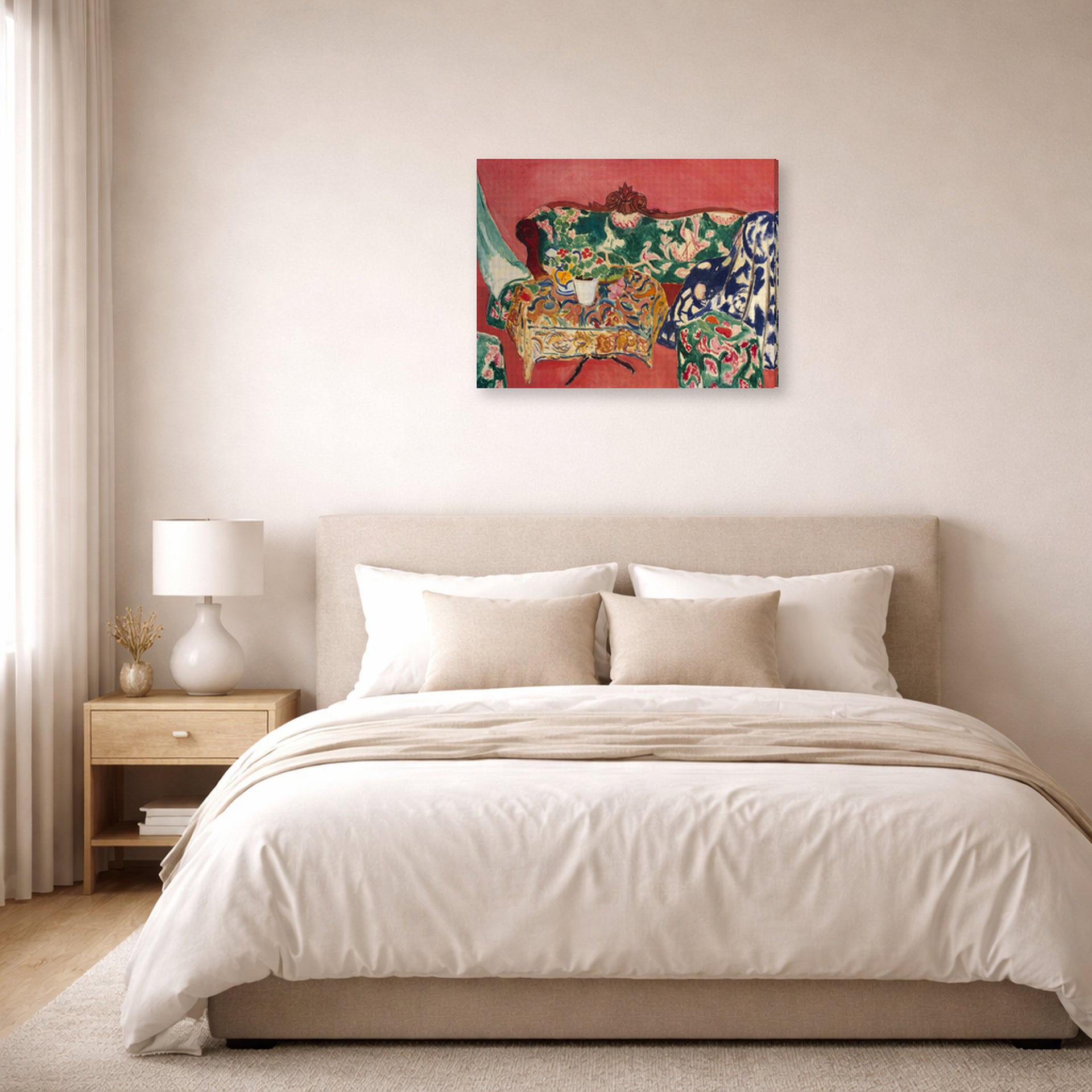 Gallery-wrapped canvas print of Henri Matisse's Seville Still Life hanging above a bed in a bedroom