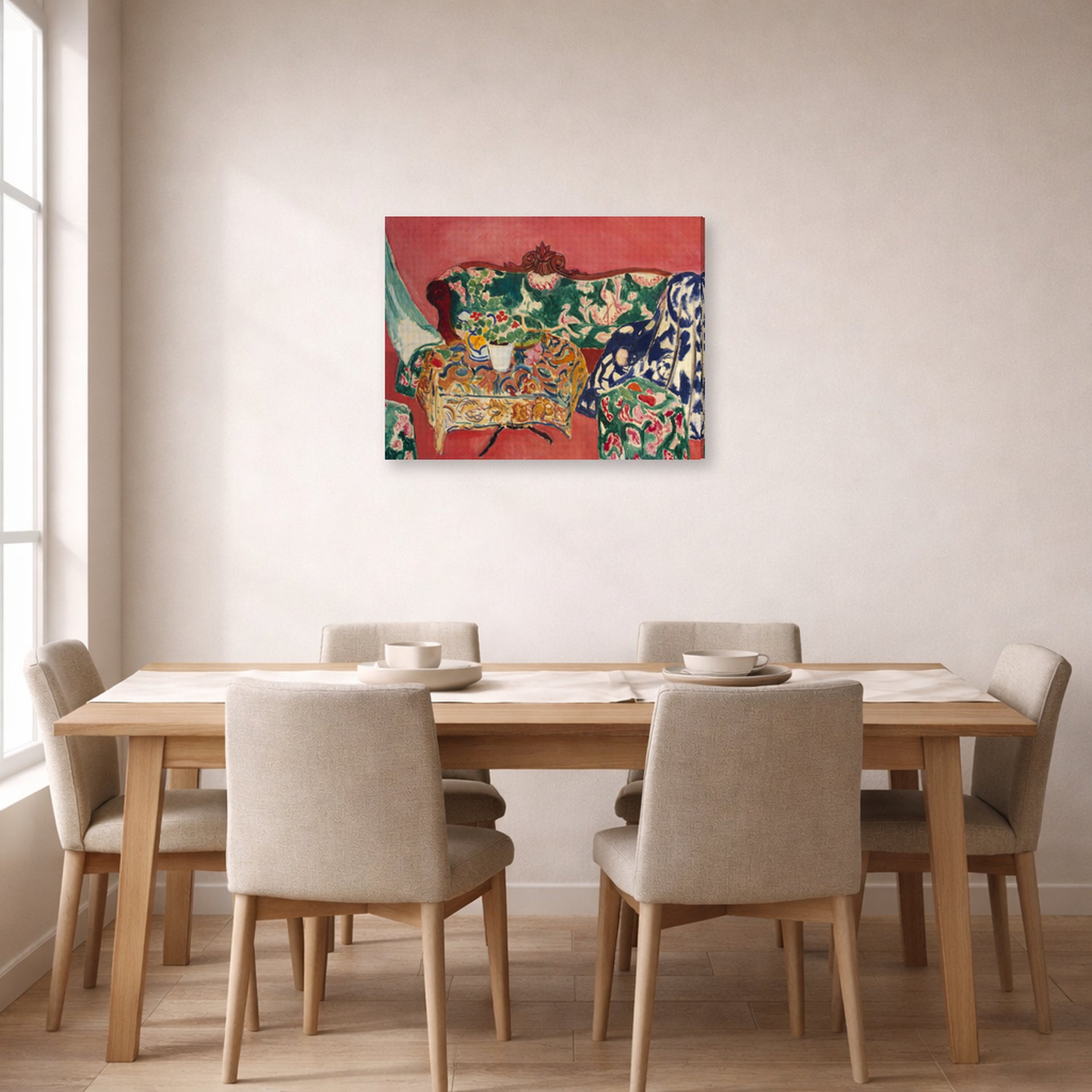 Gallery-wrapped canvas print of Henri Matisse's Seville Still Life hanging on a dining room wall