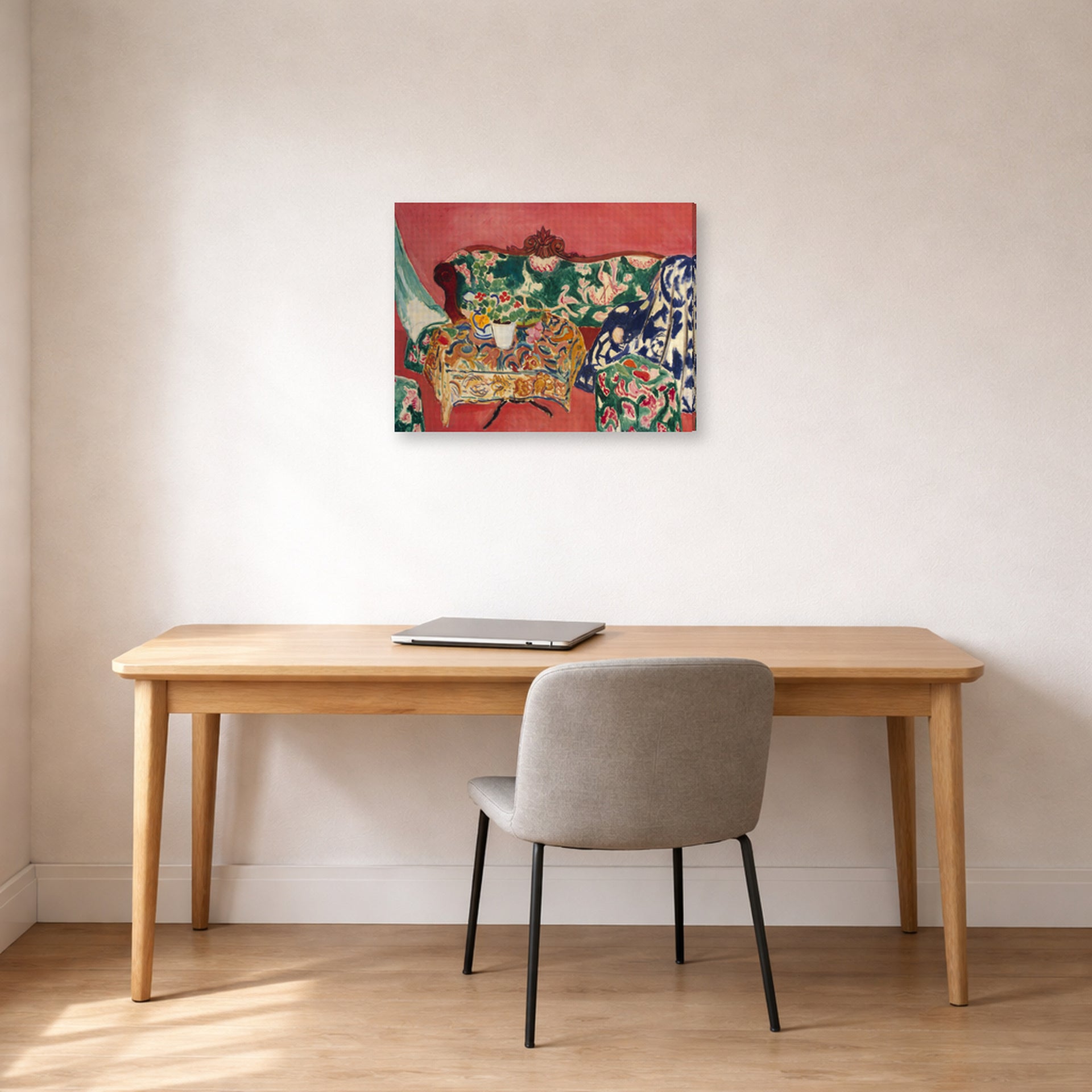 Gallery-wrapped canvas print of Henri Matisse's Seville Still Life hanging in a home office