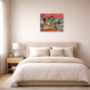 Unframed poster print of Henri Matisse's Seville Still Life displayed above a bed in a bedroom