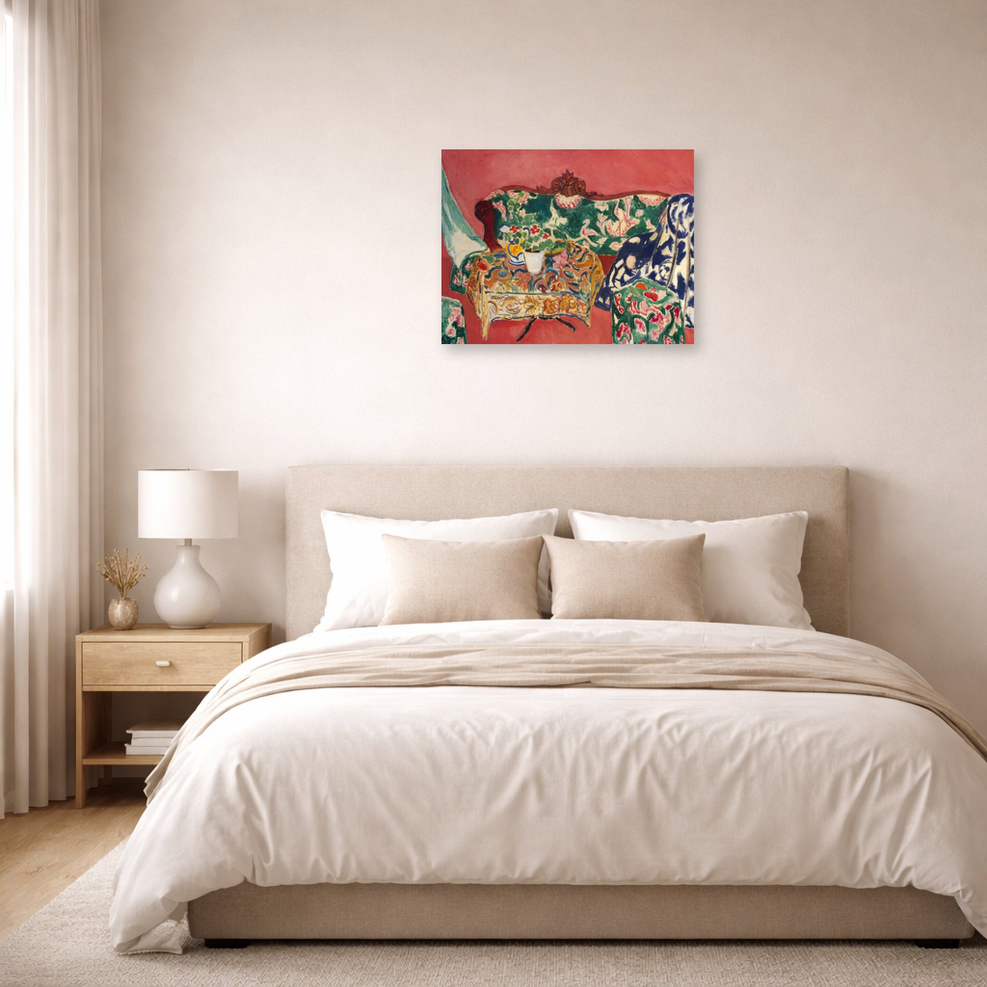 Unframed poster print of Henri Matisse's Seville Still Life displayed above a bed in a bedroom
