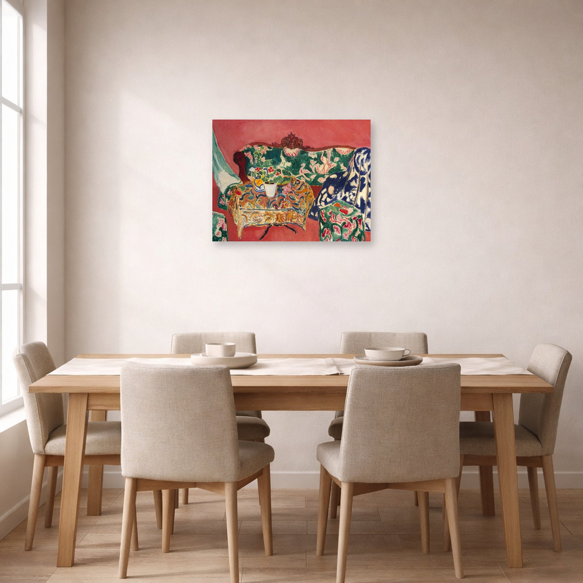 Unframed poster print of Henri Matisse's Seville Still Life displayed on a dining room wall