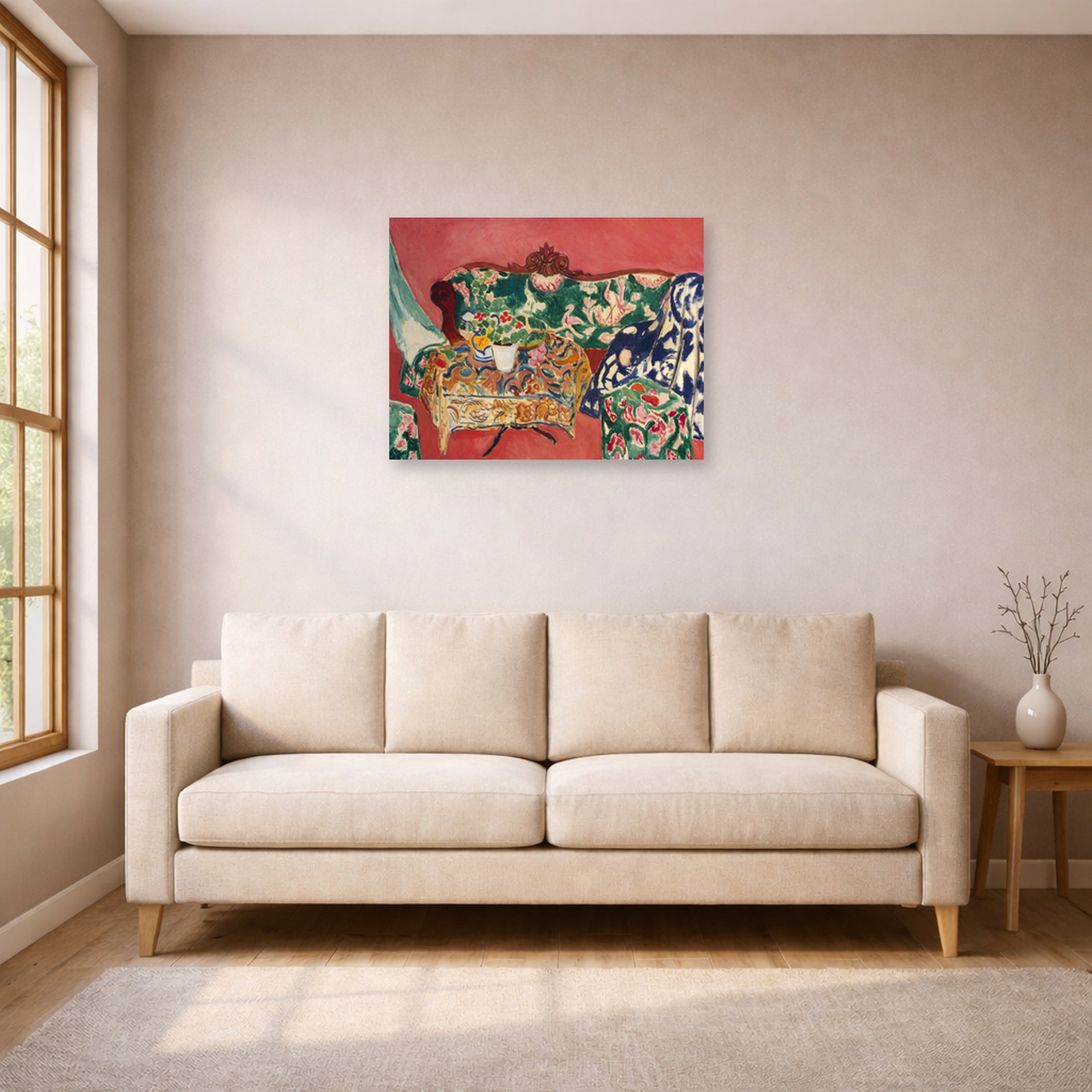 Unframed poster print of Henri Matisse's Seville Still Life displayed in a living room, view 1