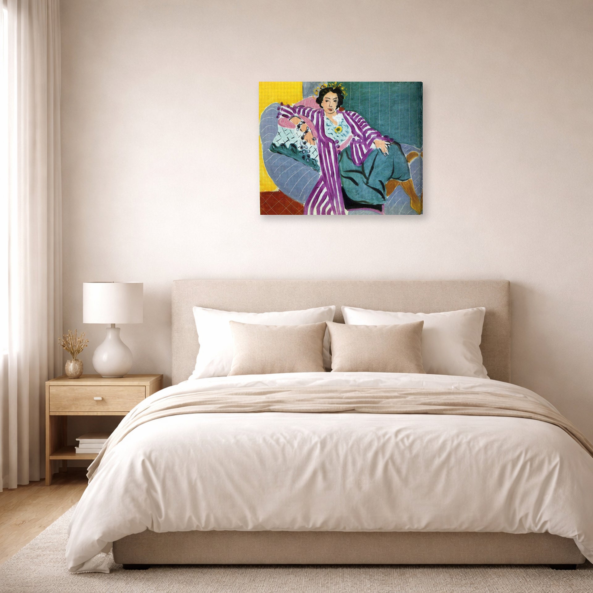 Gallery-wrapped canvas print of Henri Matisse's Small Odalisque in Purple Robe hanging above a bed in a bedroom