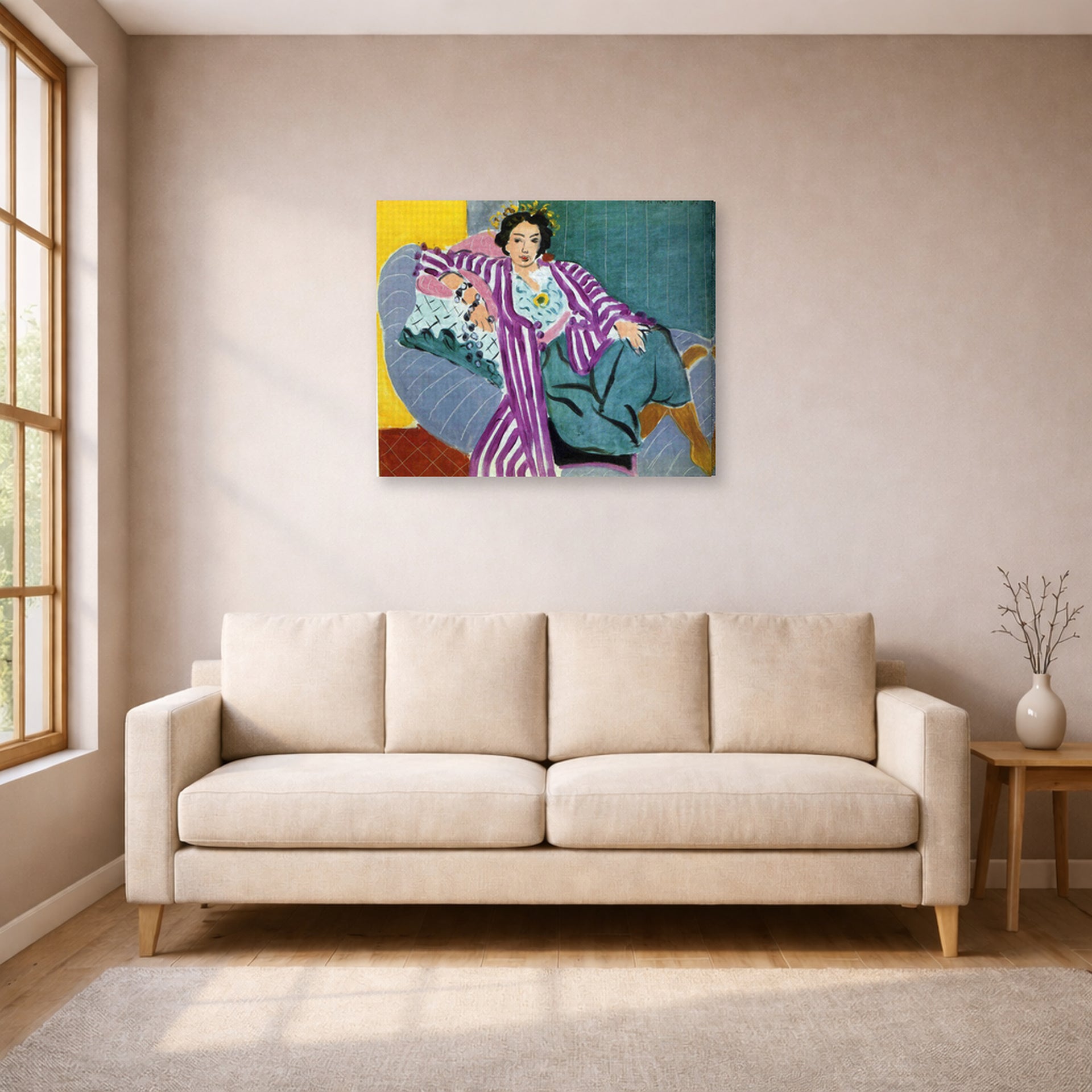 Gallery-wrapped canvas print of Henri Matisse's Small Odalisque in Purple Robe hanging in a living room, view 1