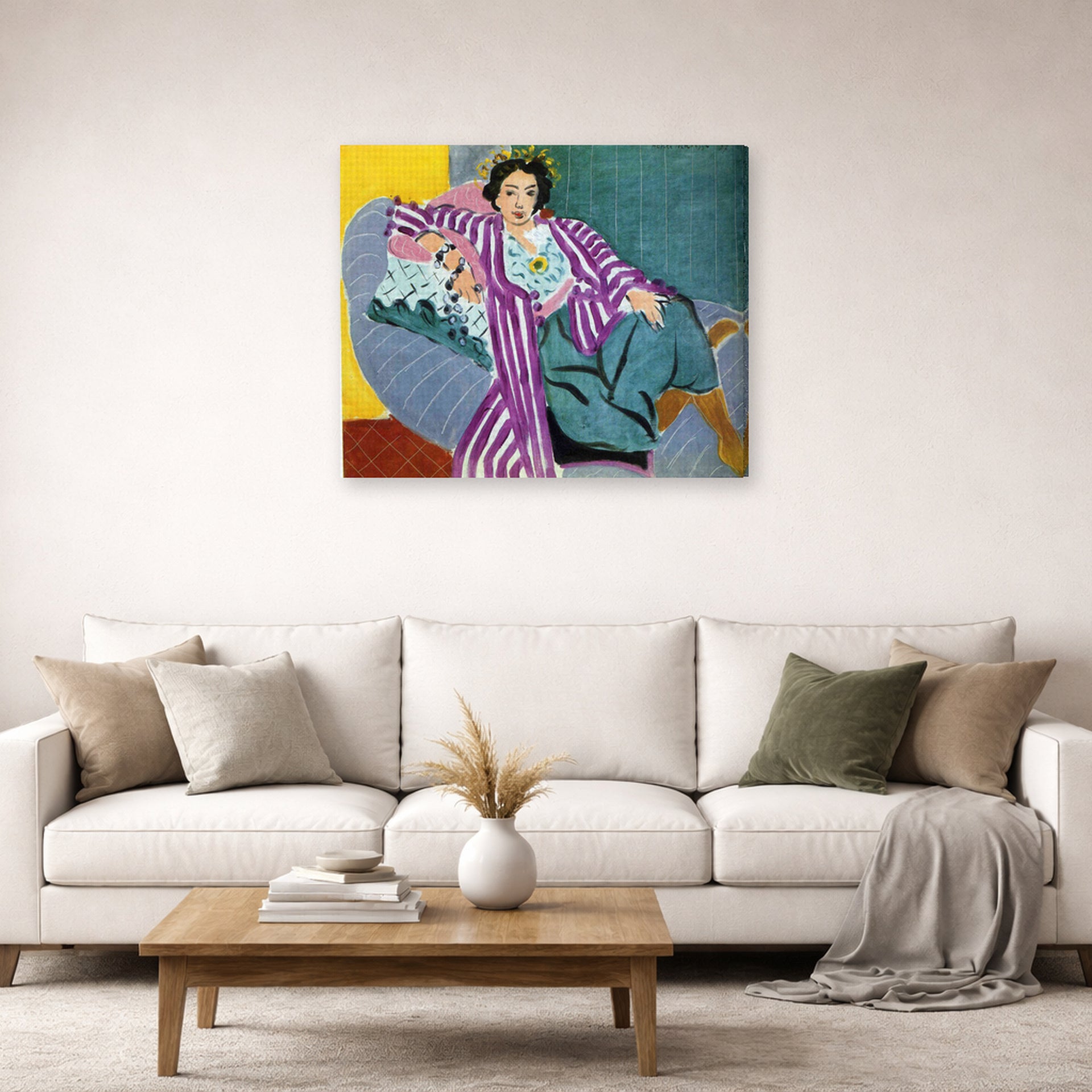 Gallery-wrapped canvas print of Henri Matisse's Small Odalisque in Purple Robe hanging in a living room, view 2