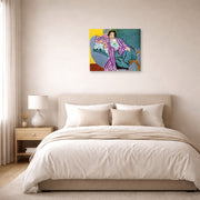 Unframed poster print of Henri Matisse's Small Odalisque in Purple Robe displayed above a bed in a bedroom