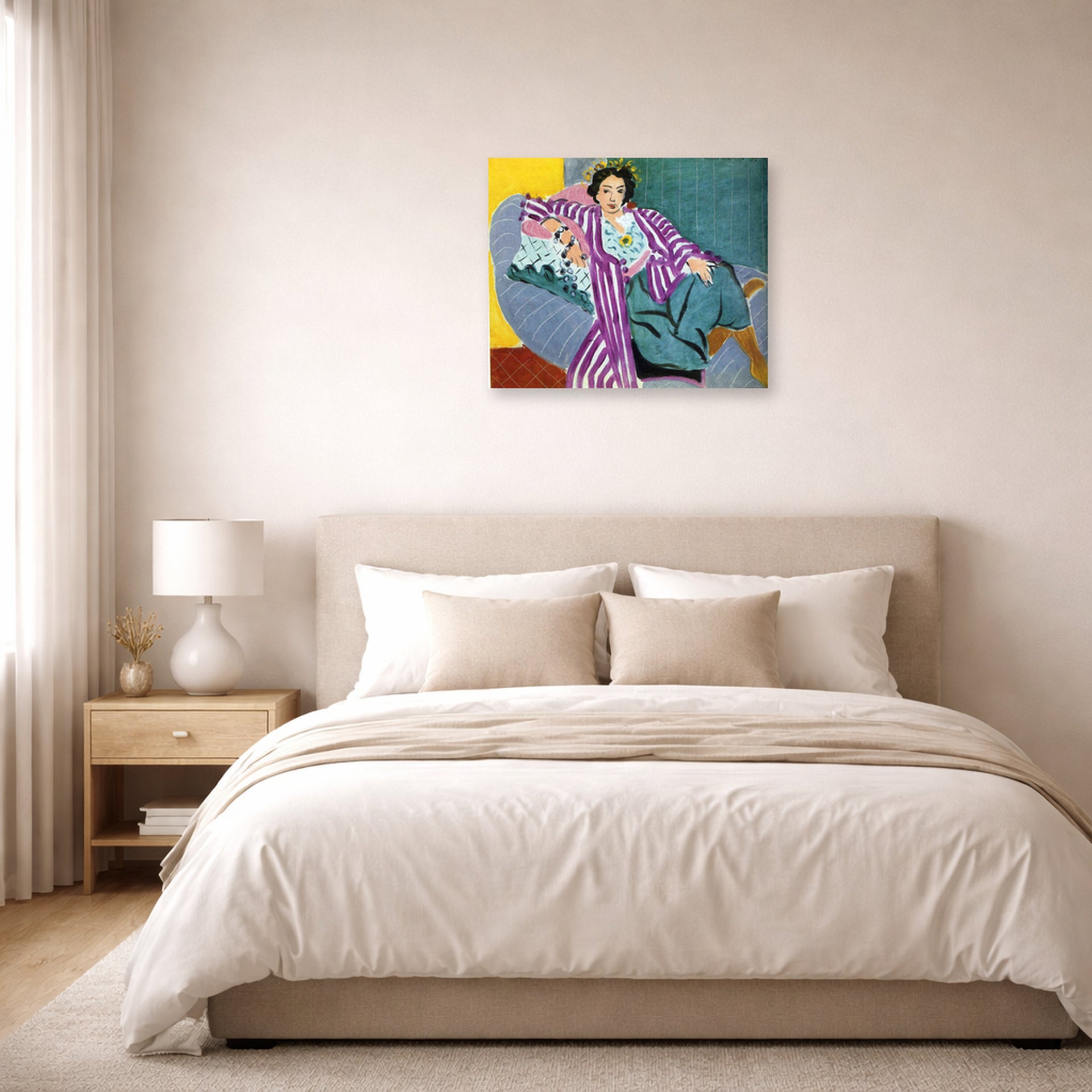 Unframed poster print of Henri Matisse's Small Odalisque in Purple Robe displayed above a bed in a bedroom