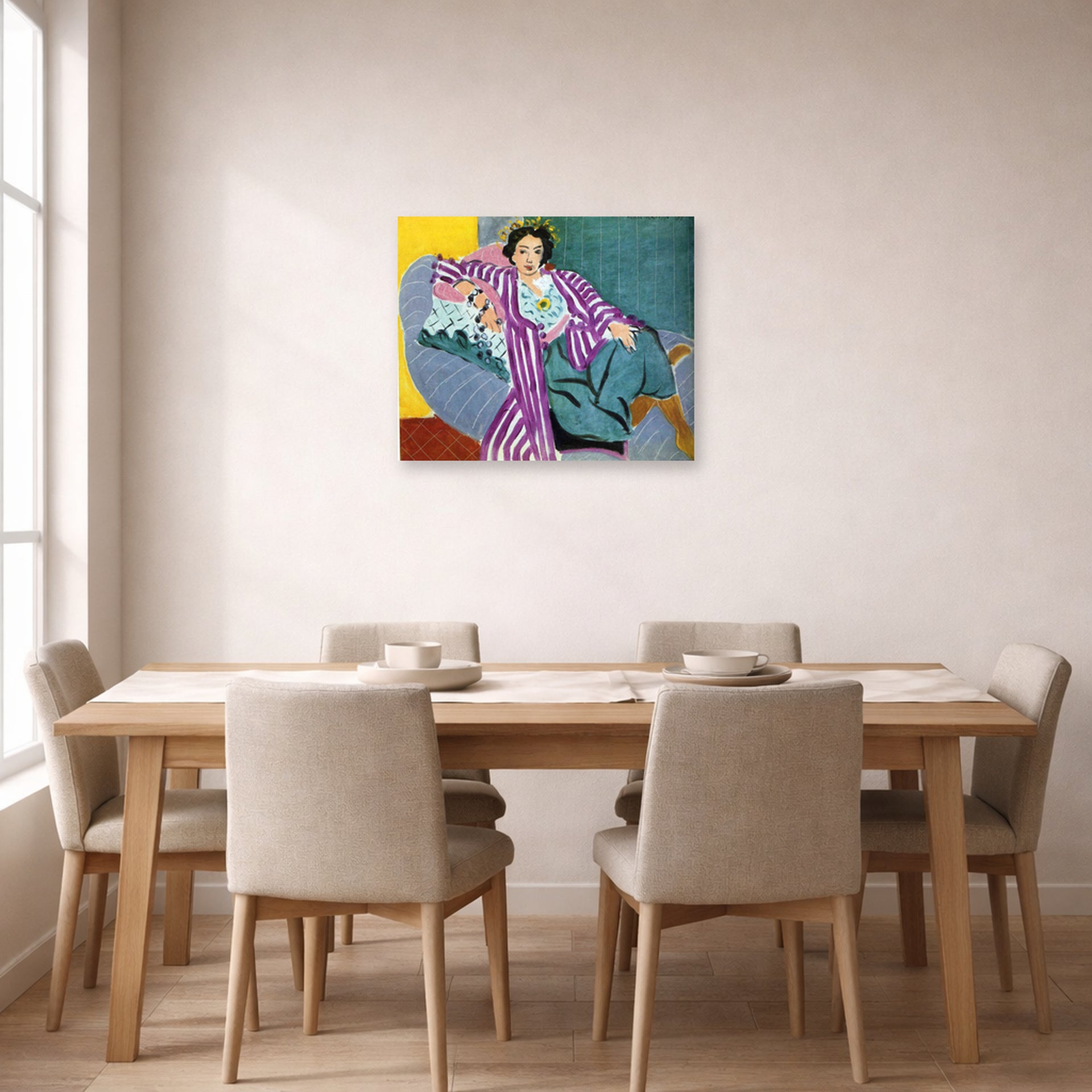Unframed poster print of Henri Matisse's Small Odalisque in Purple Robe displayed on a dining room wall