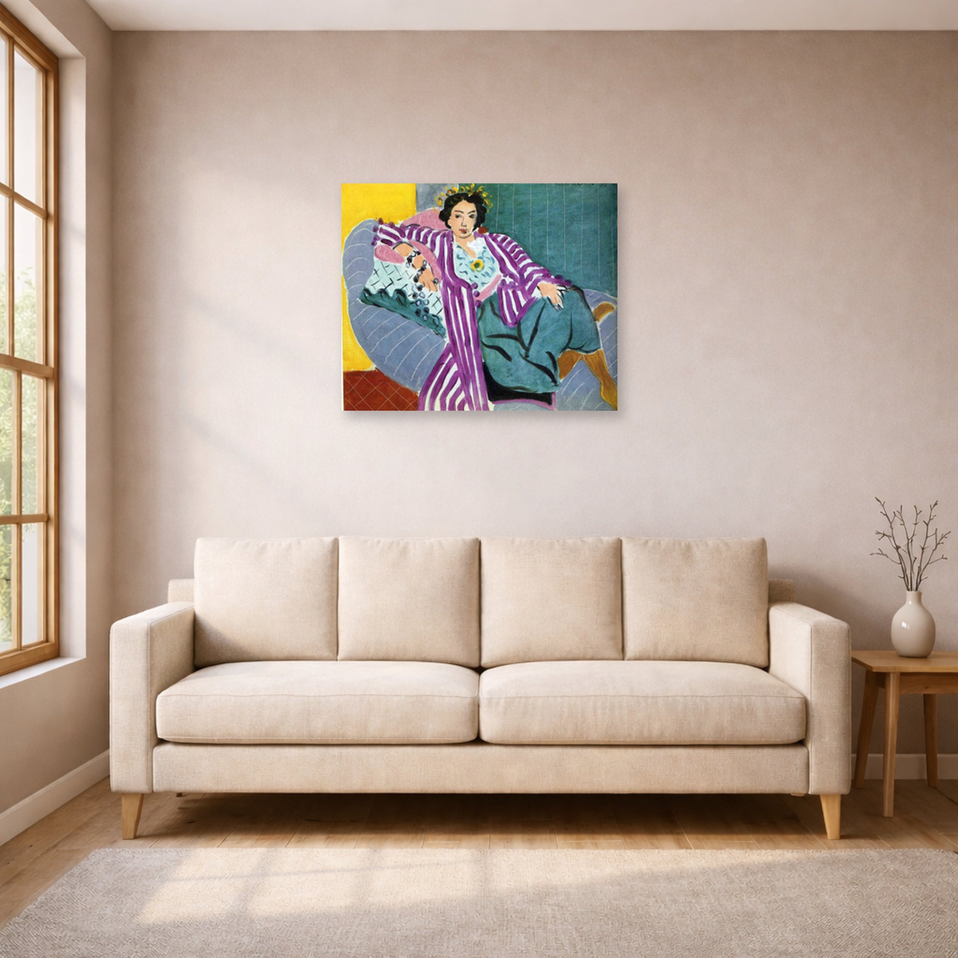 Unframed poster print of Henri Matisse's Small Odalisque in Purple Robe displayed in a living room, view 1