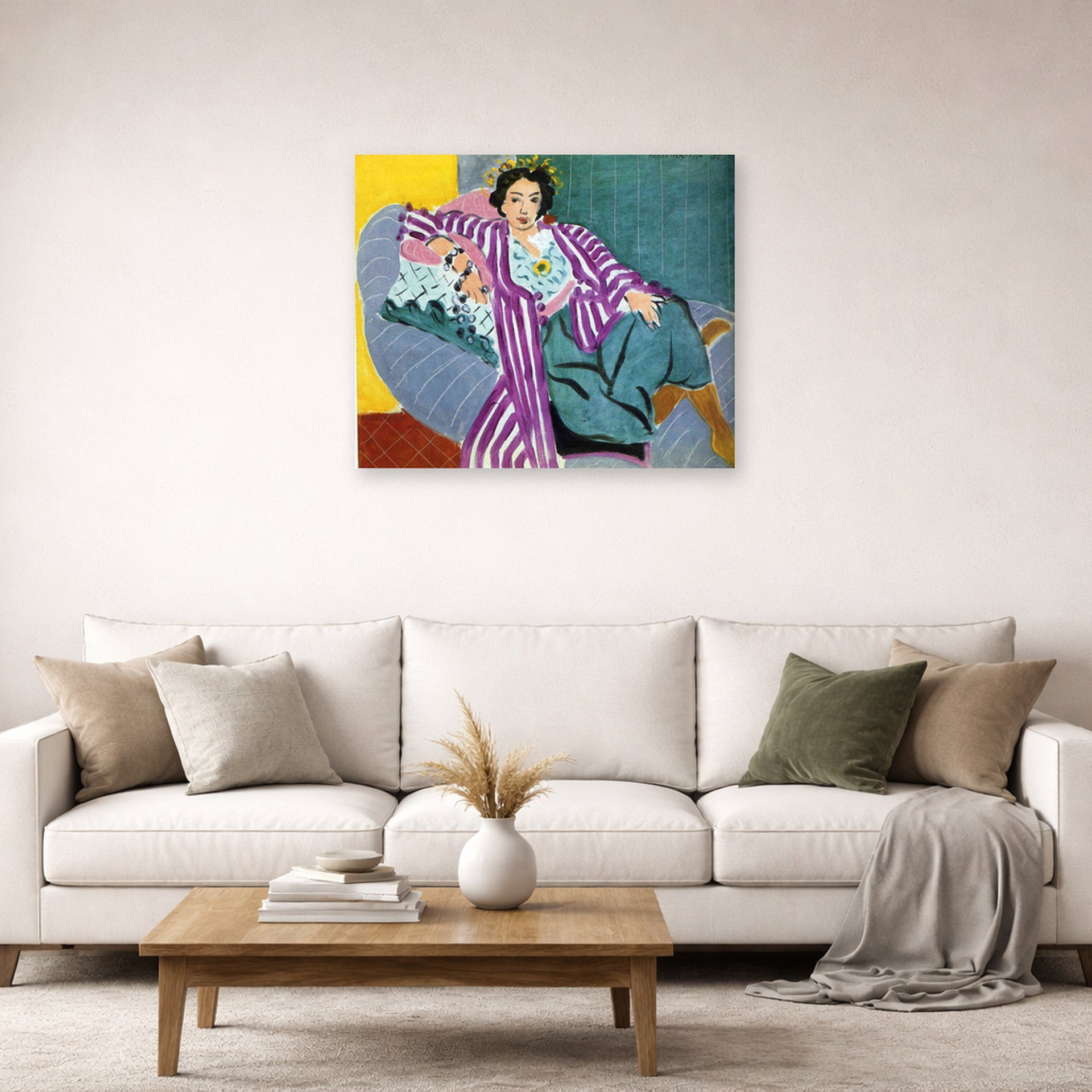 Unframed poster print of Henri Matisse's Small Odalisque in Purple Robe displayed in a living room, view 2