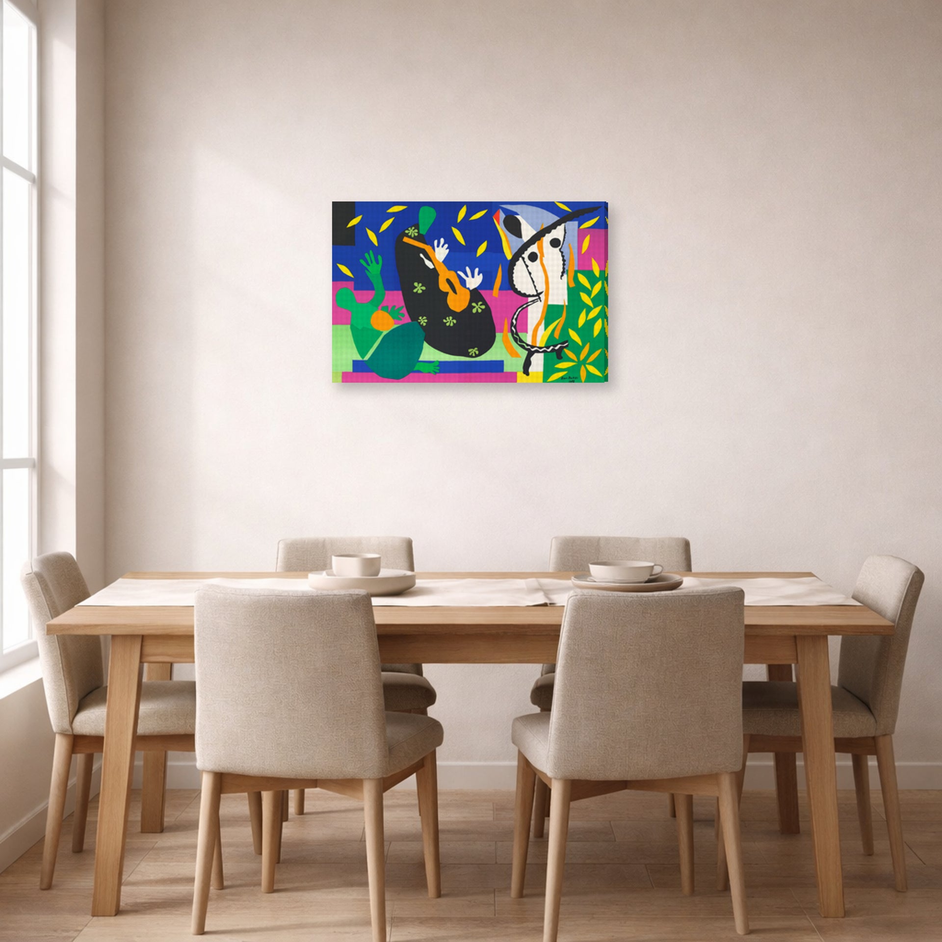 Gallery-wrapped canvas print of Henri Matisse's Sorrow of the King hanging on a dining room wall