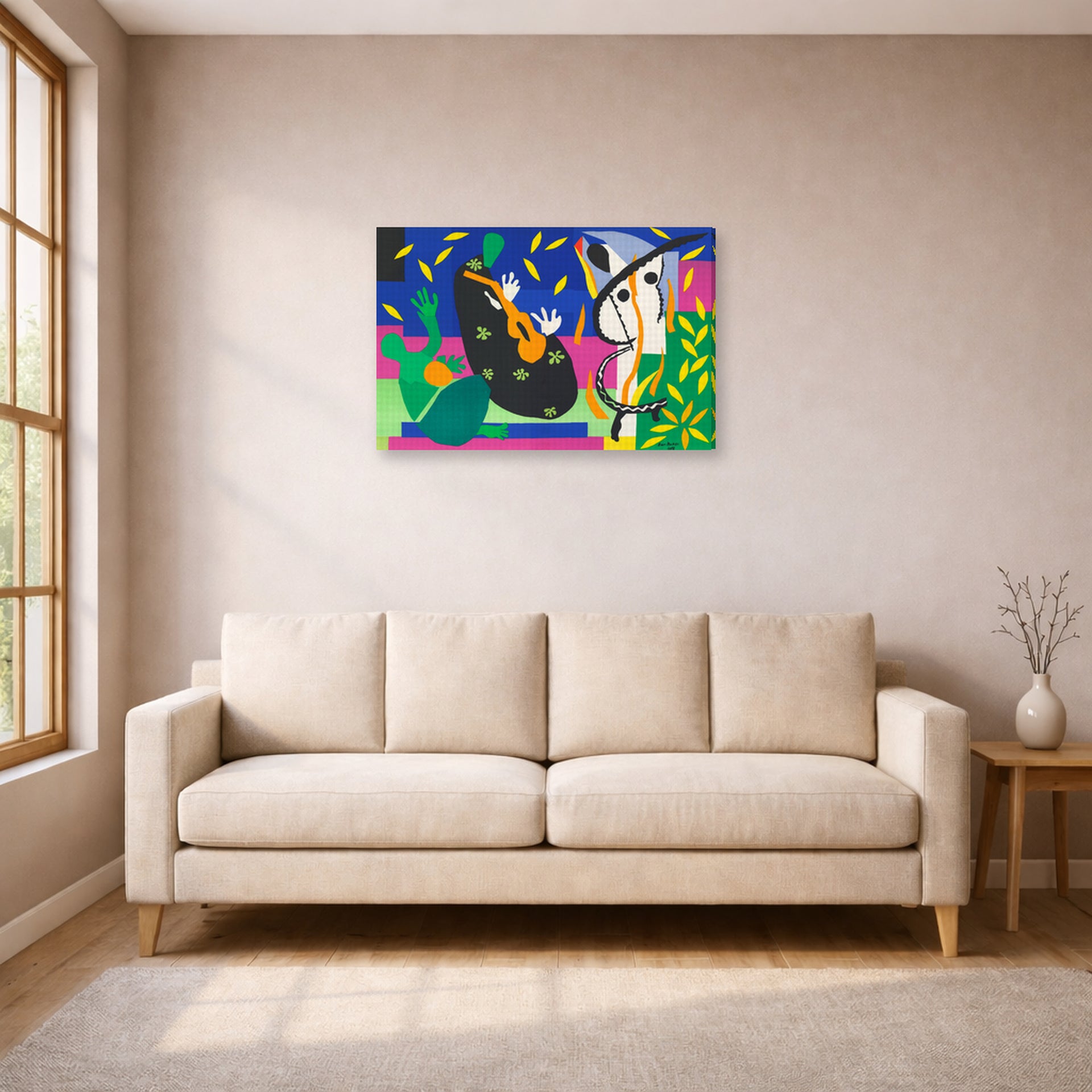 Gallery-wrapped canvas print of Henri Matisse's Sorrow of the King hanging in a living room, view 1