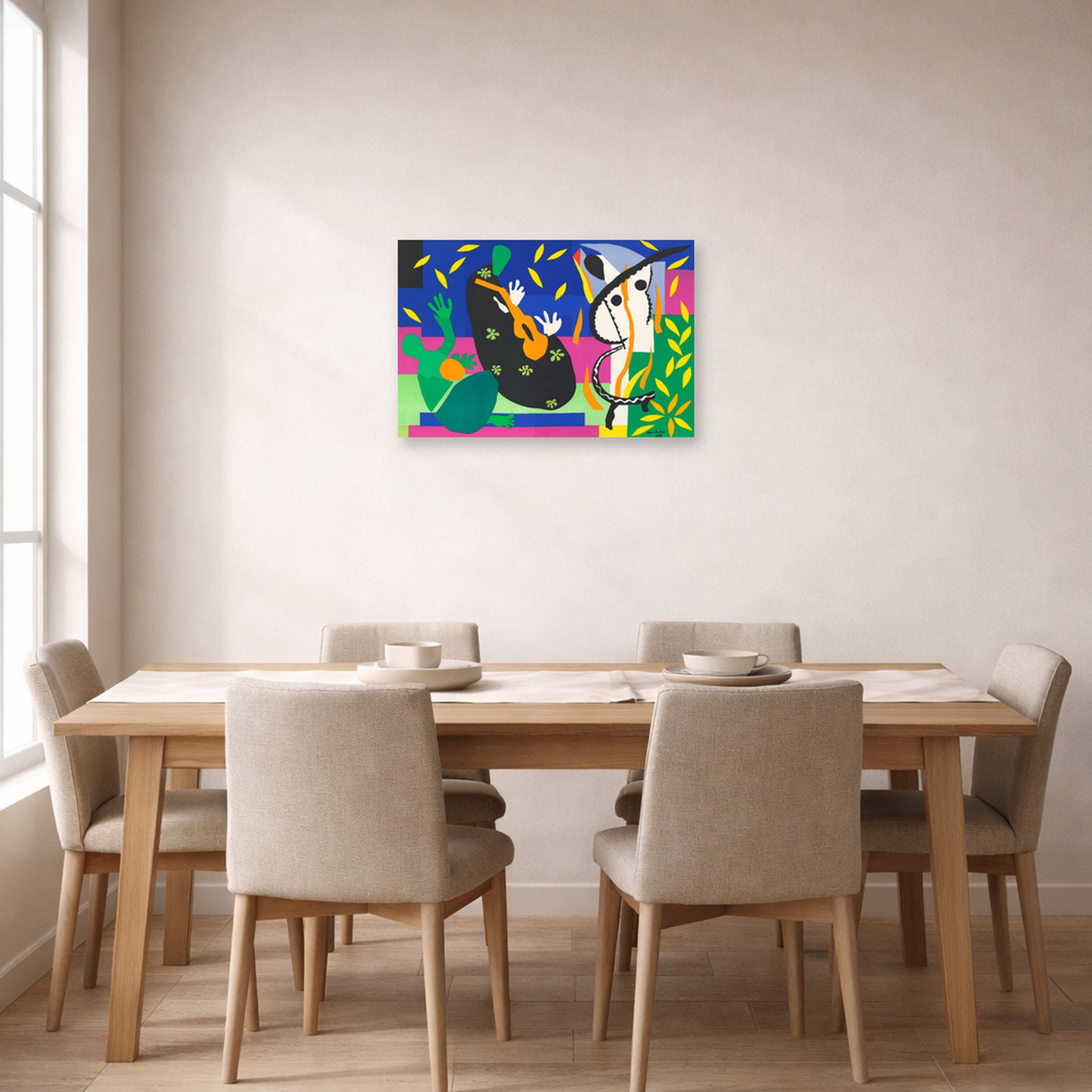 Unframed poster print of Henri Matisse's Sorrow of the King displayed on a dining room wall