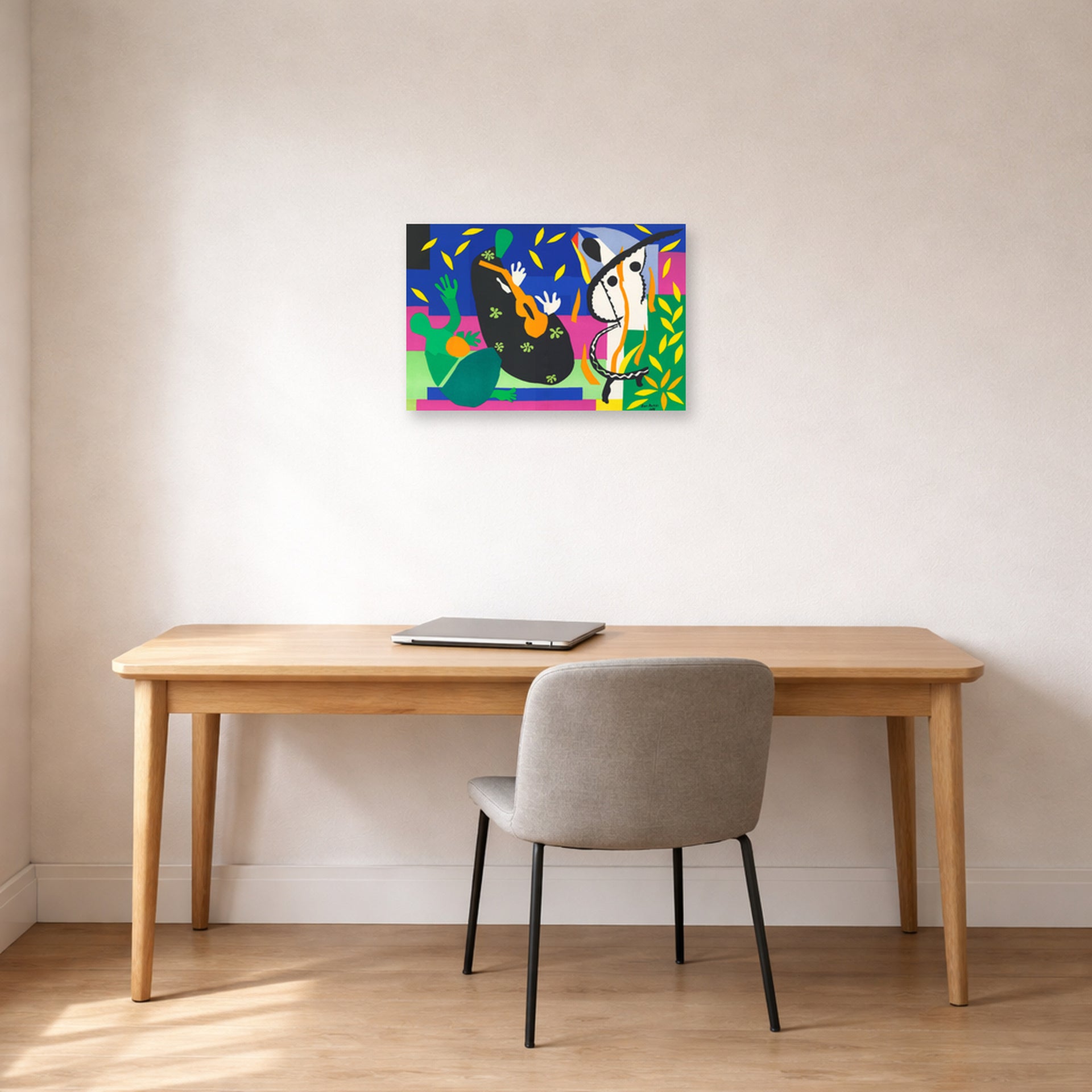 Unframed poster print of Henri Matisse's Sorrow of the King displayed in a home office