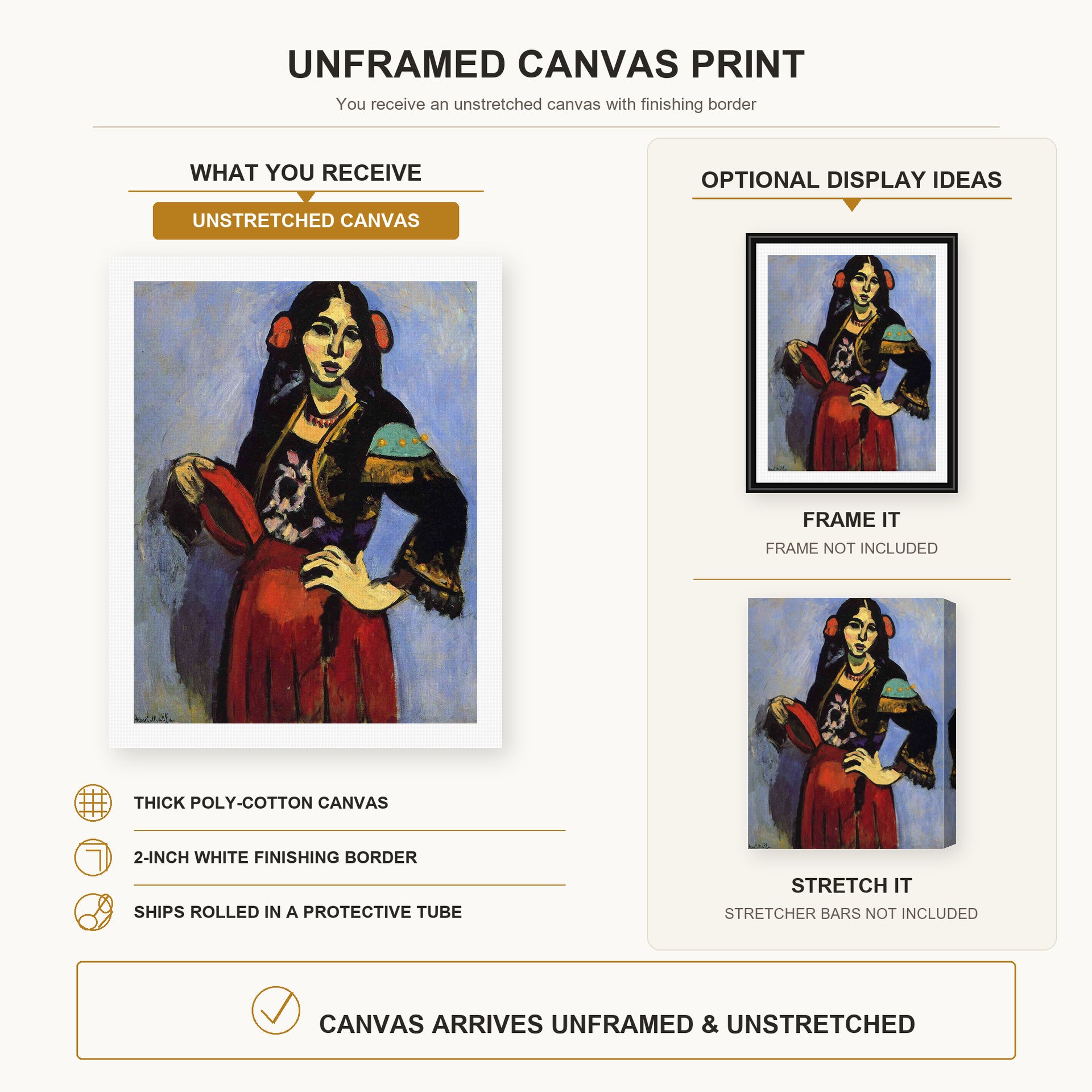 Henri Matisse - Spanish Woman with a Tambourine canvas print size comparison and framing display infographic