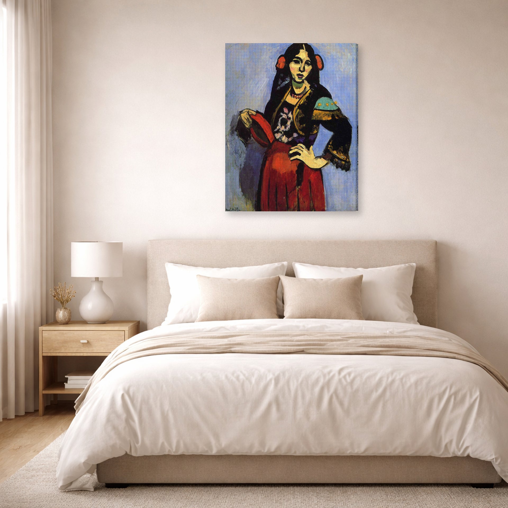 Gallery-wrapped canvas print of Henri Matisse's Spanish Woman with a Tambourine hanging above a bed in a bedroom