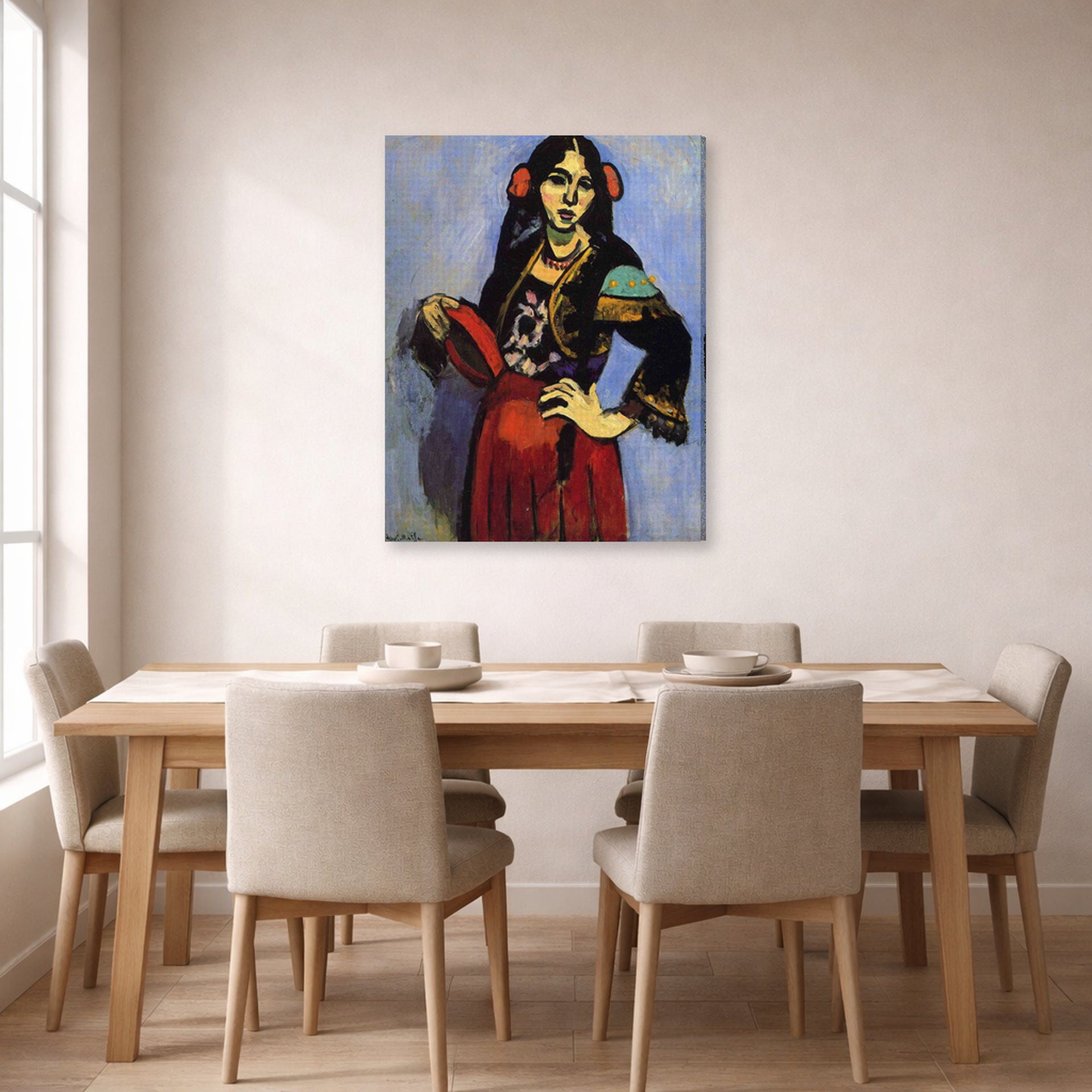 Gallery-wrapped canvas print of Henri Matisse's Spanish Woman with a Tambourine hanging on a dining room wall