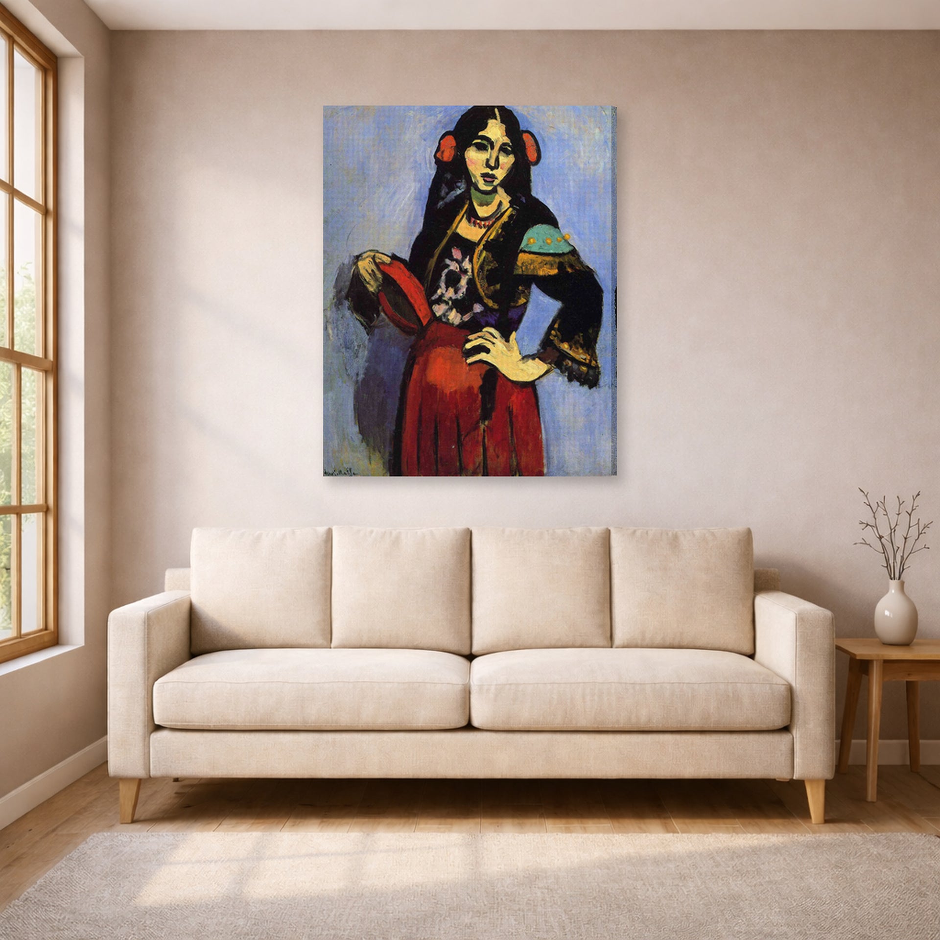 Gallery-wrapped canvas print of Henri Matisse's Spanish Woman with a Tambourine hanging in a living room, view 1