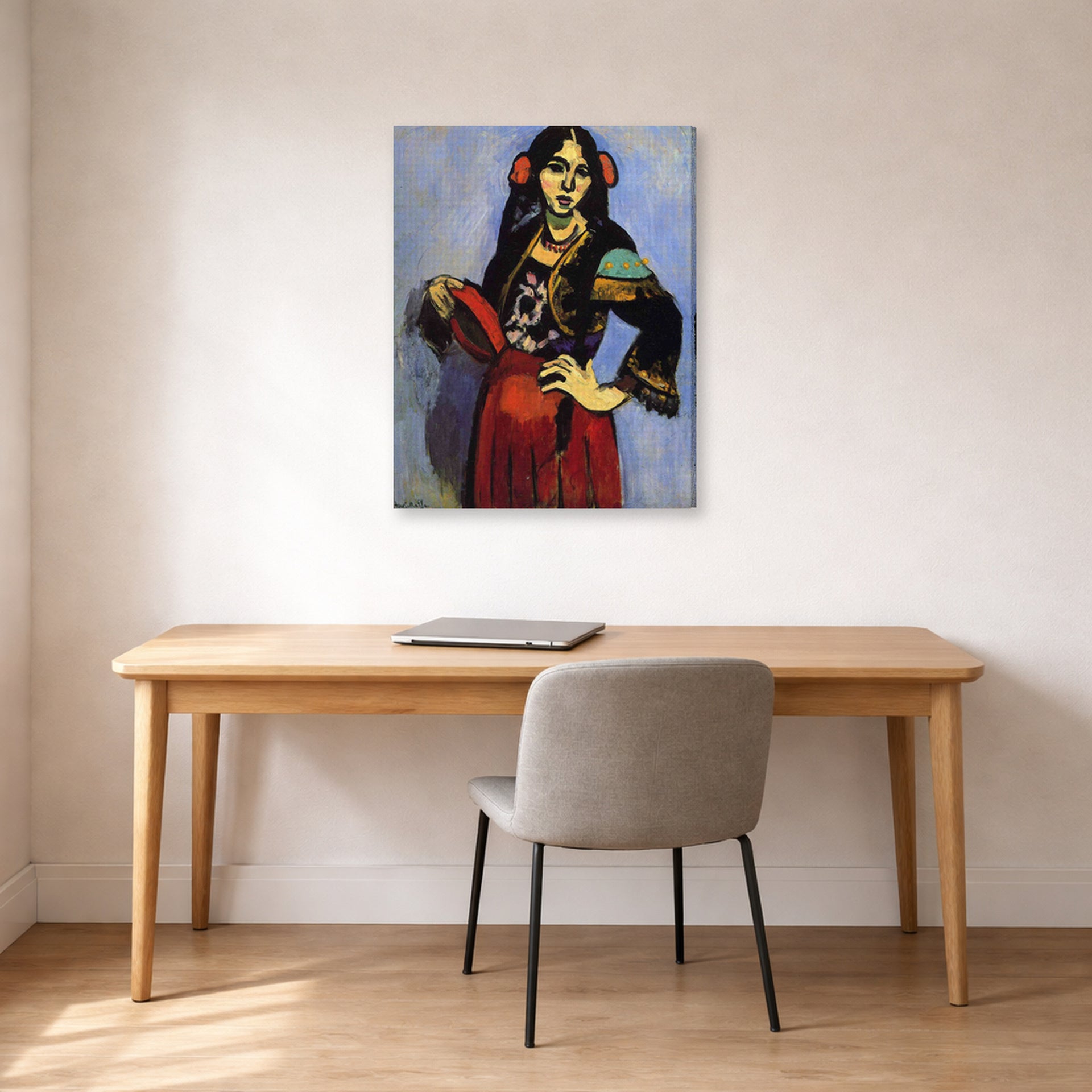 Gallery-wrapped canvas print of Henri Matisse's Spanish Woman with a Tambourine hanging in a home office