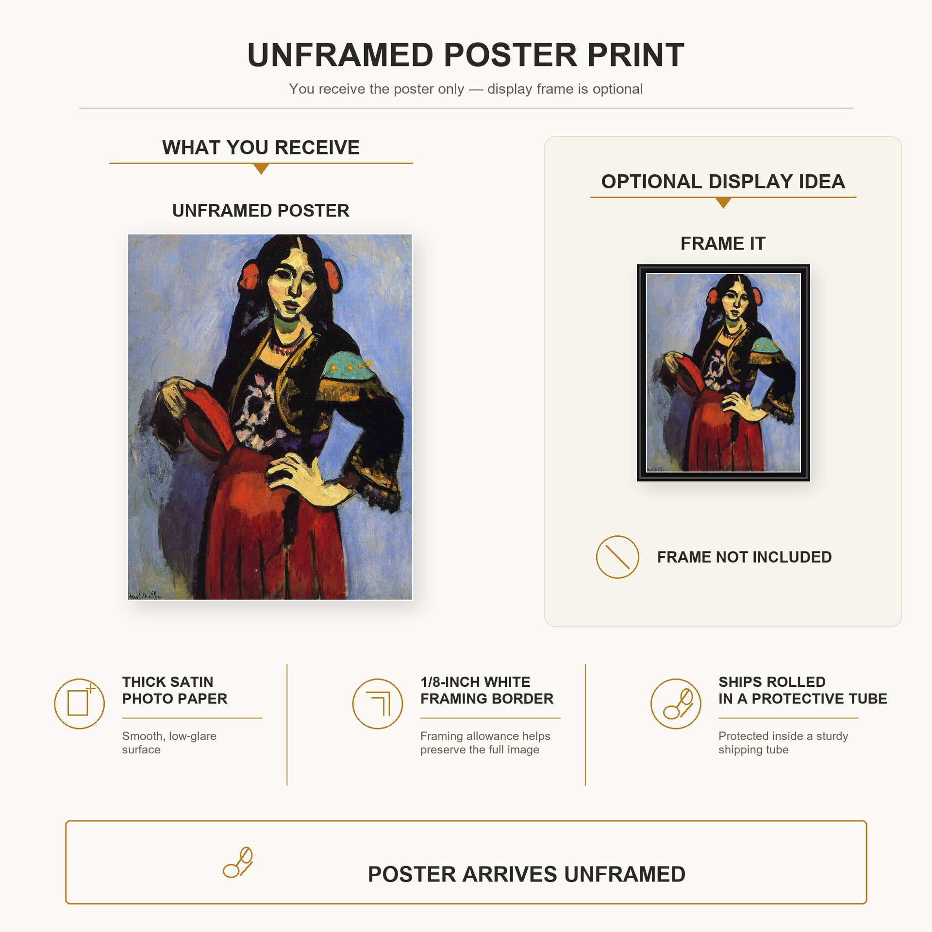 Henri Matisse - Spanish Woman with a Tambourine poster print size comparison display infographic