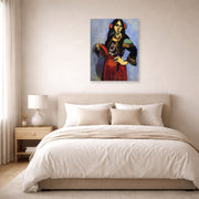 Unframed poster print of Henri Matisse's Spanish Woman with a Tambourine displayed above a bed in a bedroom