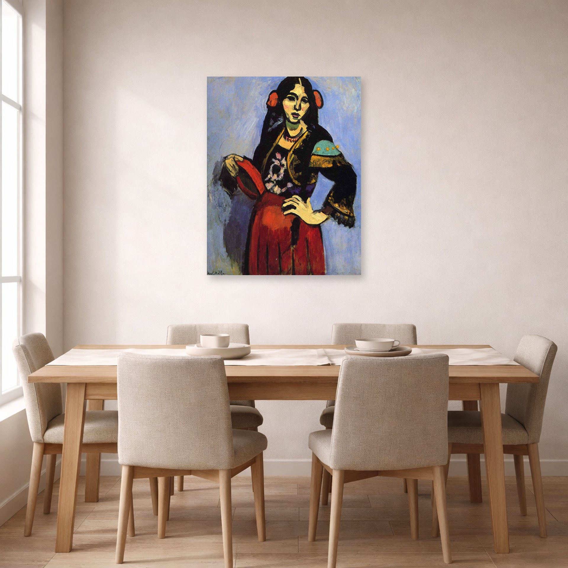 Unframed poster print of Henri Matisse's Spanish Woman with a Tambourine displayed on a dining room wall