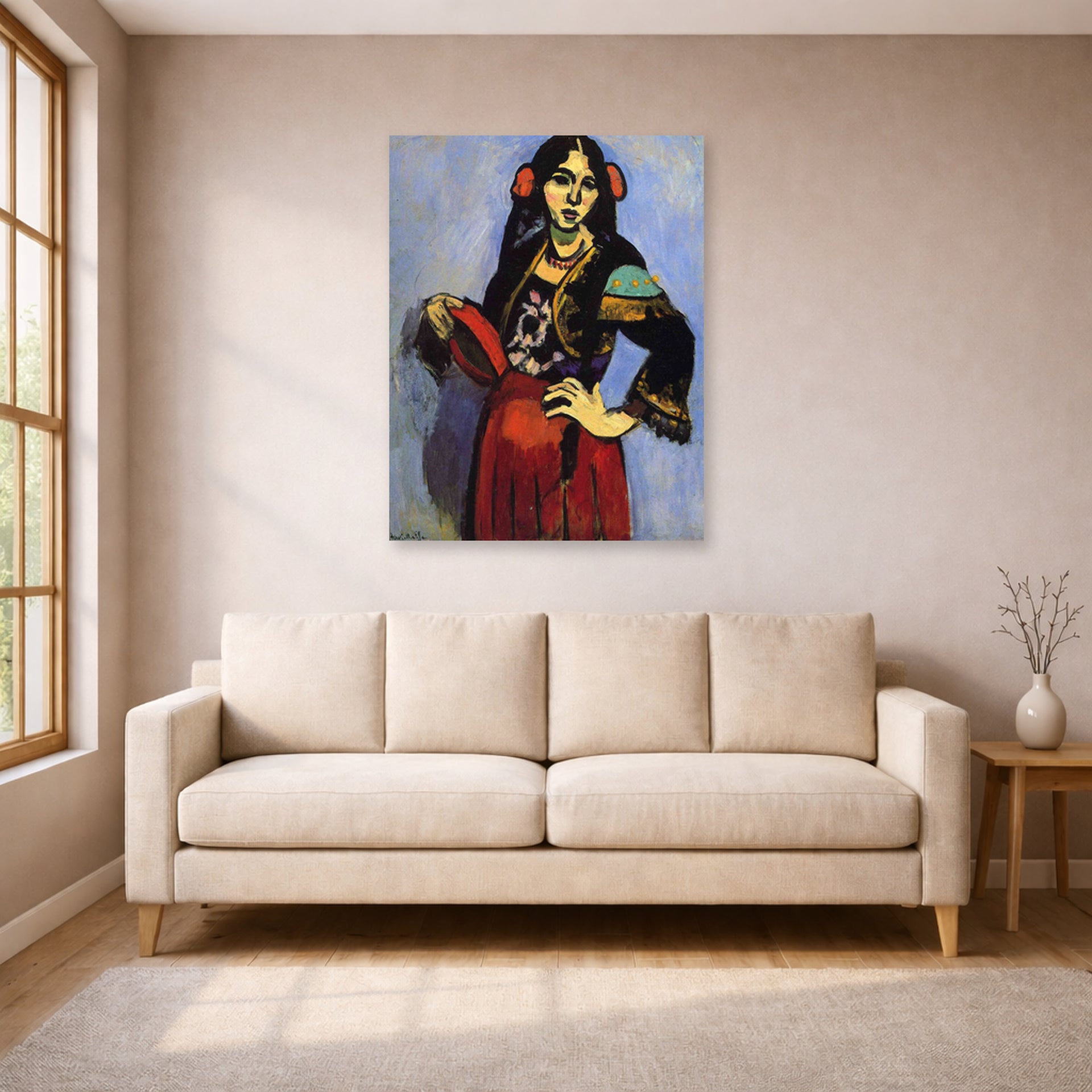 Unframed poster print of Henri Matisse's Spanish Woman with a Tambourine displayed in a living room, view 1