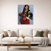 Unframed poster print of Henri Matisse's Spanish Woman with a Tambourine displayed in a living room, view 2