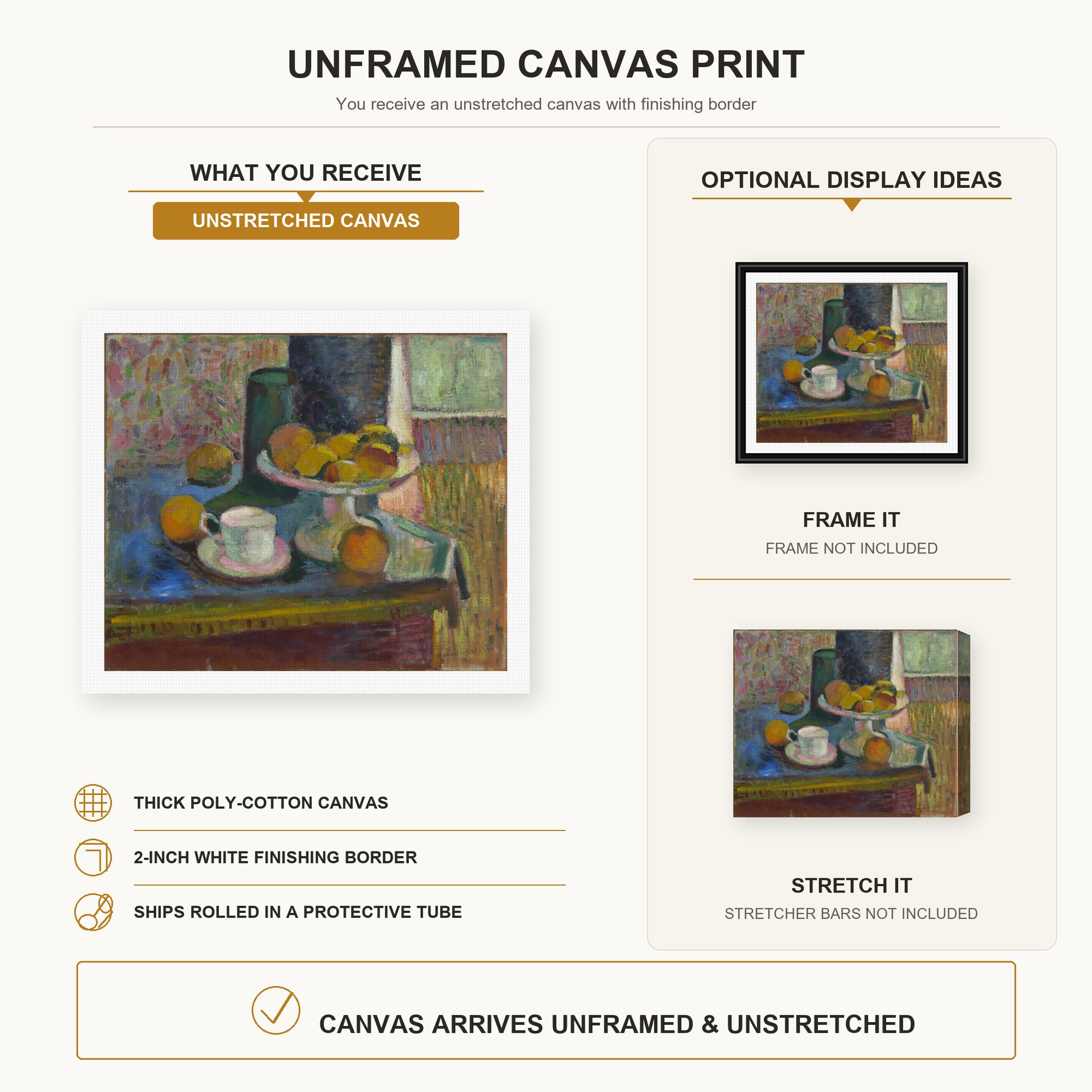 Henri Matisse - Still Life Compote, Apples, and Oranges canvas print size comparison and framing display infographic