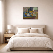 Gallery-wrapped canvas print of Henri Matisse's Still Life Compote, Apples, and Oranges hanging above a bed in a bedroom