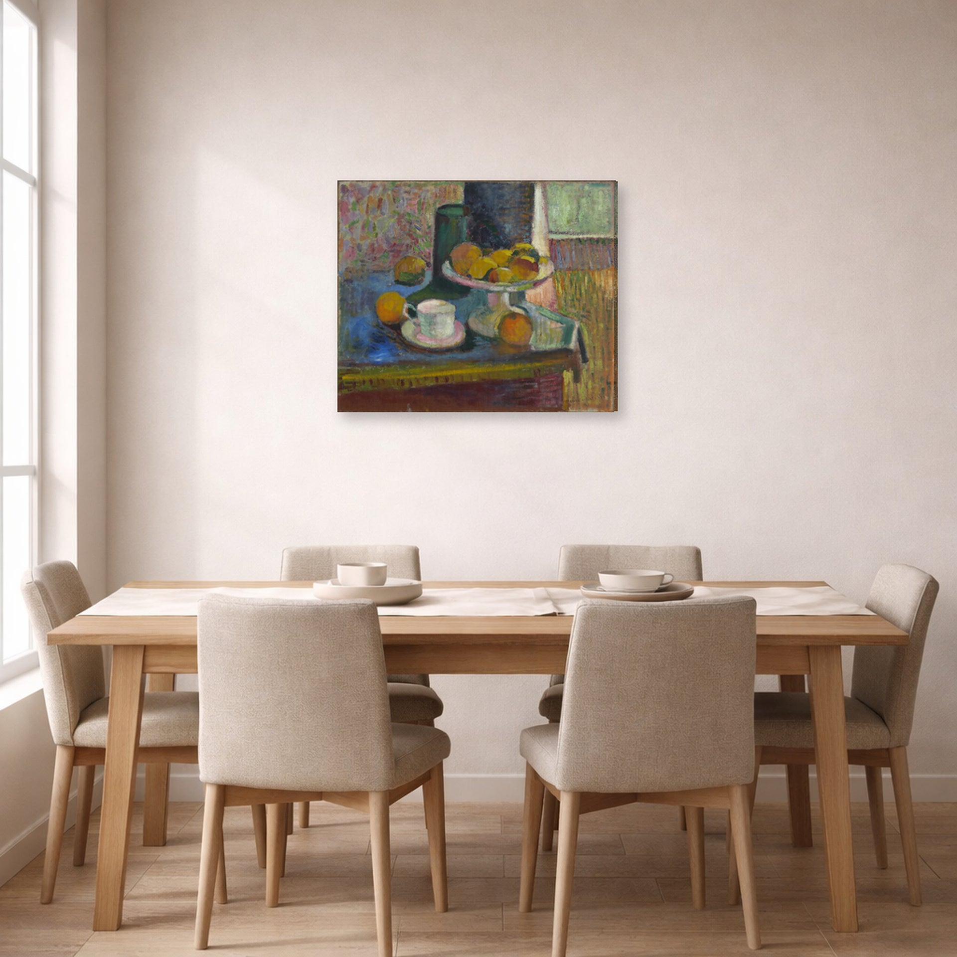 Gallery-wrapped canvas print of Henri Matisse's Still Life Compote, Apples, and Oranges hanging on a dining room wall