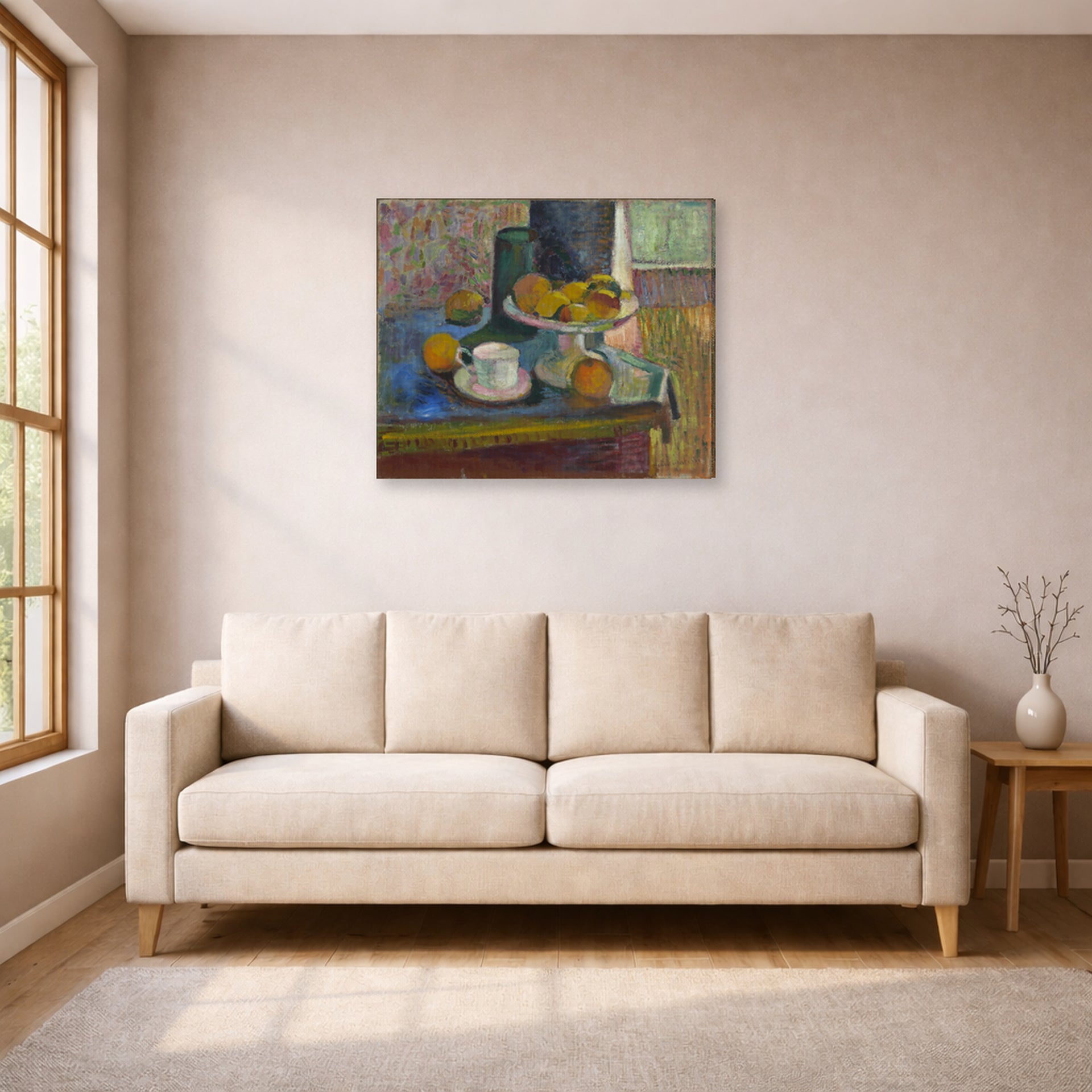 Gallery-wrapped canvas print of Henri Matisse's Still Life Compote, Apples, and Oranges hanging in a living room, view 1