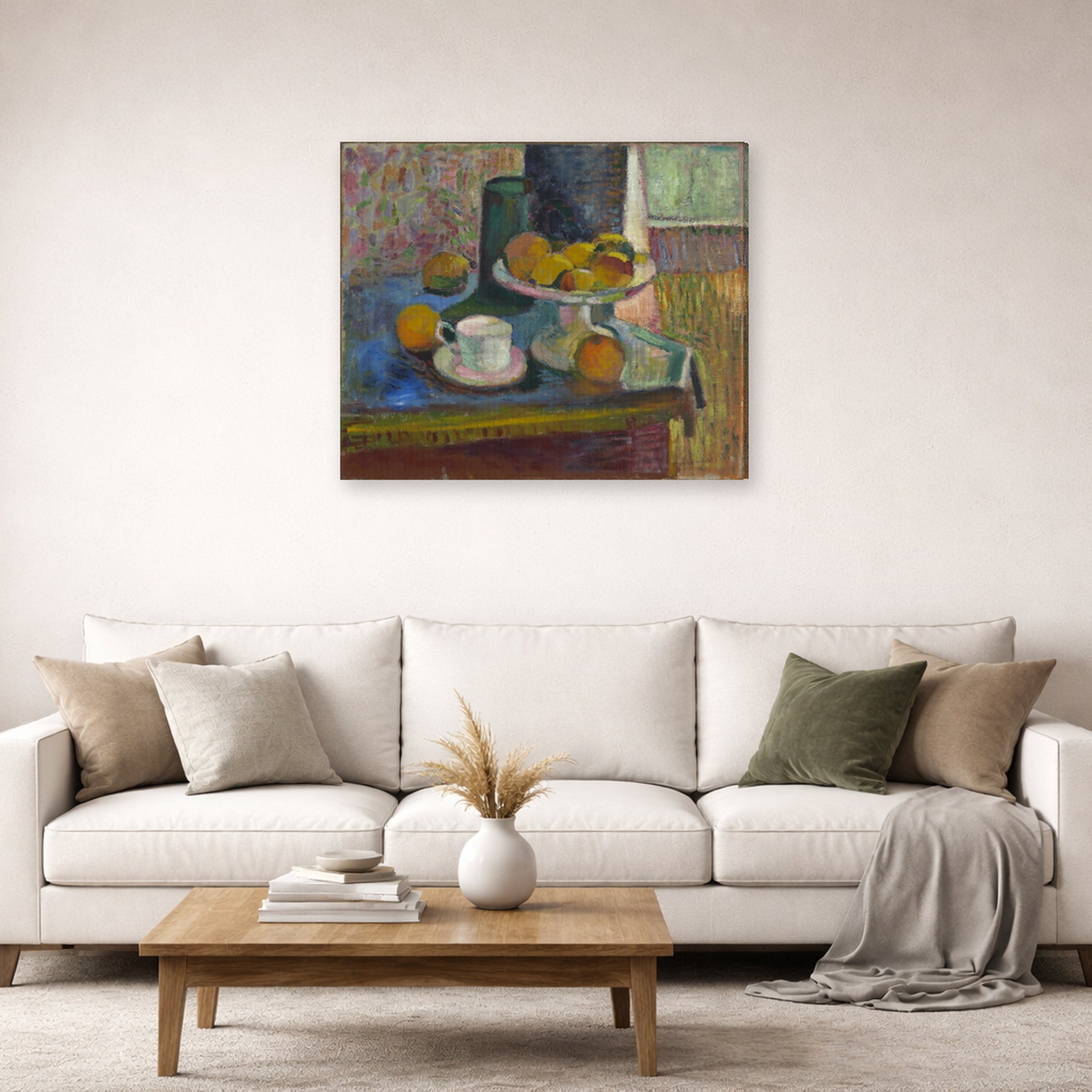 Gallery-wrapped canvas print of Henri Matisse's Still Life Compote, Apples, and Oranges hanging in a living room, view 2