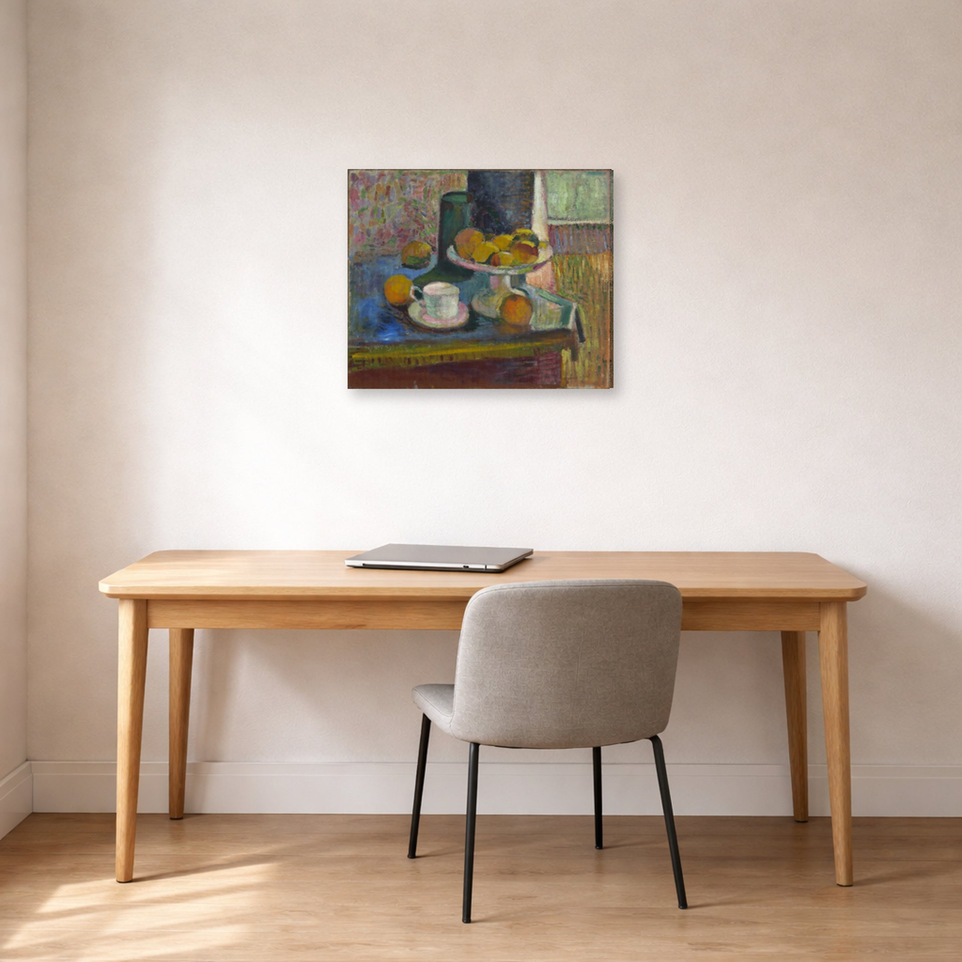 Gallery-wrapped canvas print of Henri Matisse's Still Life Compote, Apples, and Oranges hanging in a home office
