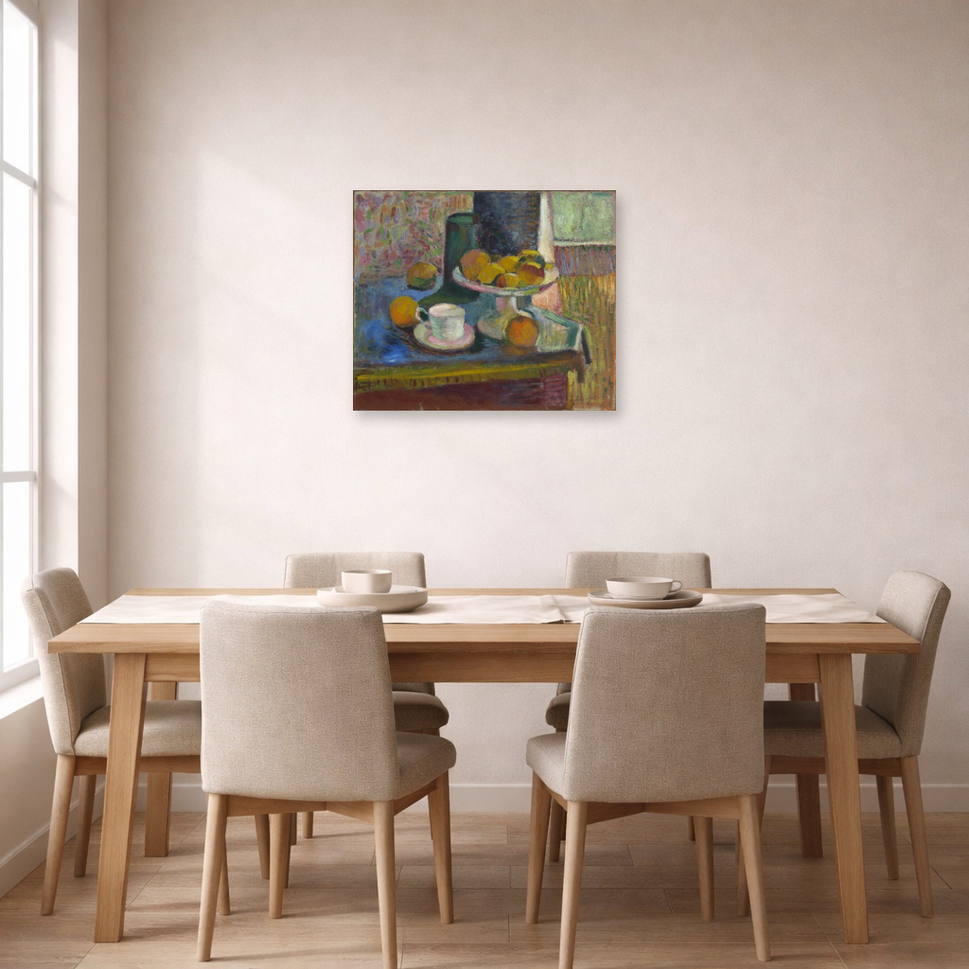 Unframed poster print of Henri Matisse's Still Life Compote, Apples, and Oranges displayed on a dining room wall