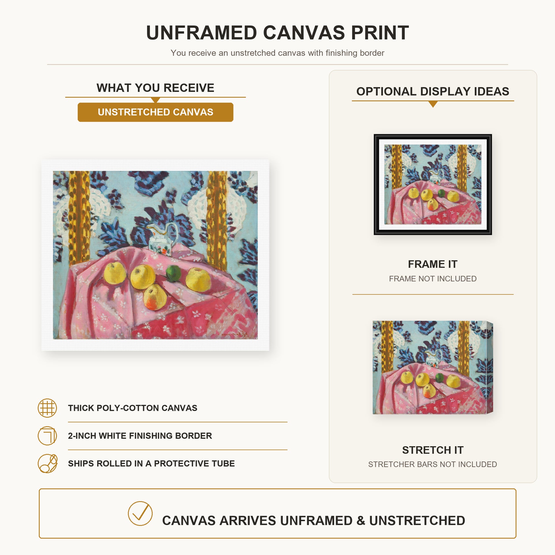 Henri Matisse - Still Life with Apples on a Pink Tablecloth canvas print size comparison and framing display infographic