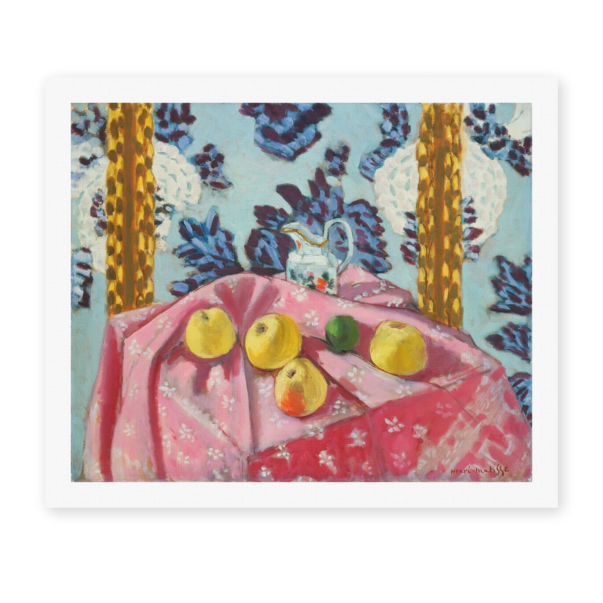 Henri Matisse's Still Life with Apples on a Pink Tablecloth painting reproduced as a rolled canvas print