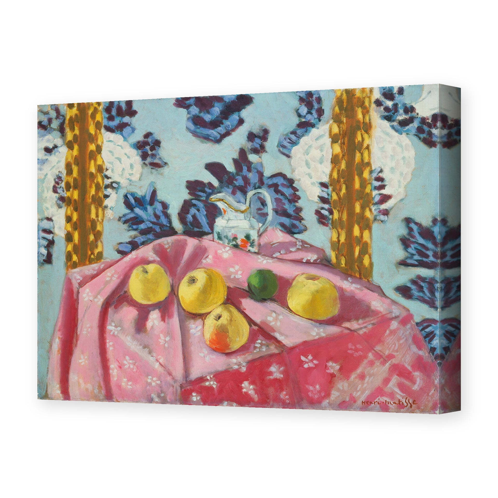 Henri Matisse's Still Life with Apples on a Pink Tablecloth painting reproduced as a gallery-wrapped canvas print