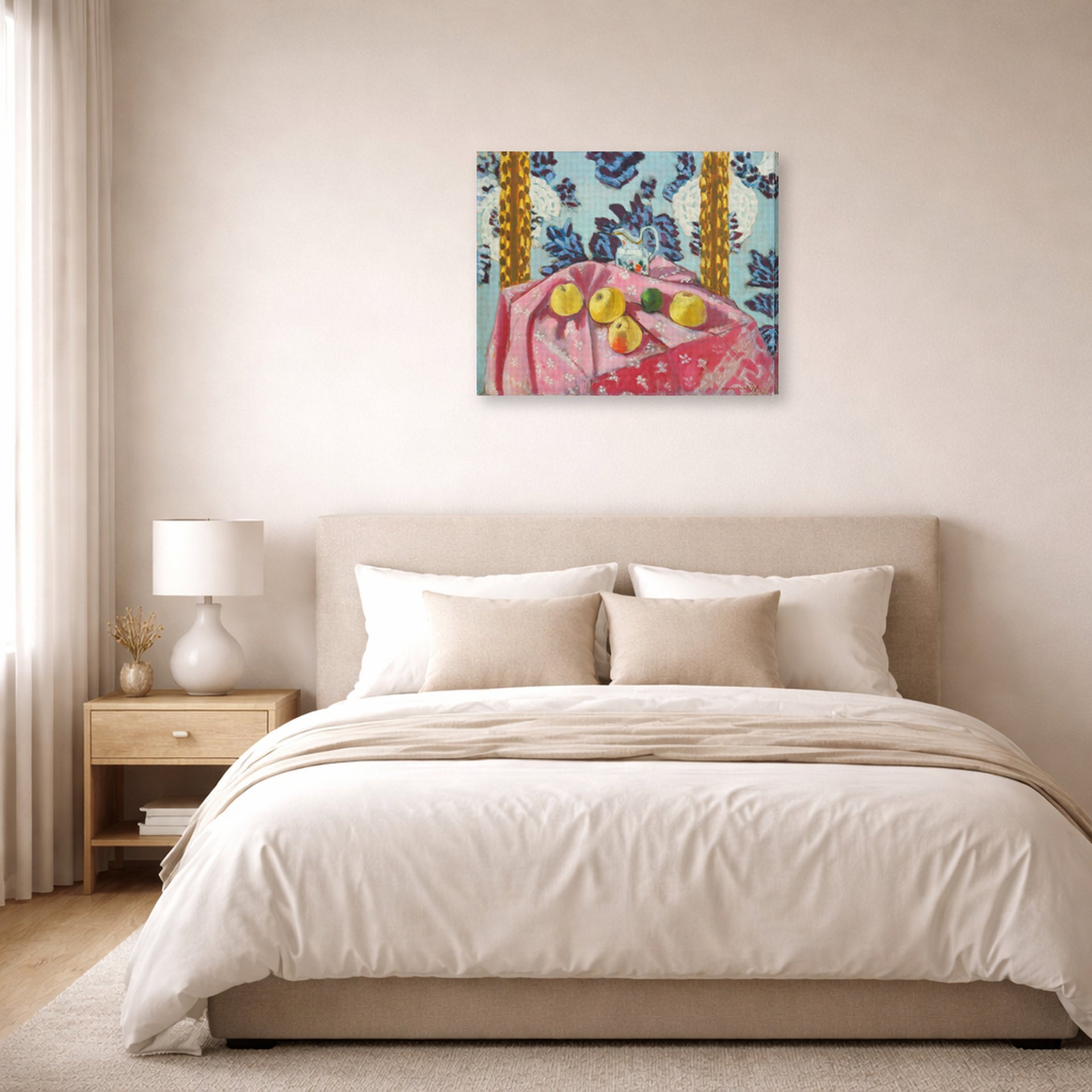 Gallery-wrapped canvas print of Henri Matisse's Still Life with Apples on a Pink Tablecloth hanging above a bed in a bedroom