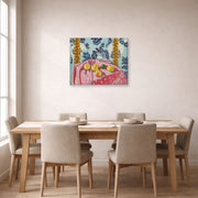 Gallery-wrapped canvas print of Henri Matisse's Still Life with Apples on a Pink Tablecloth hanging on a dining room wall