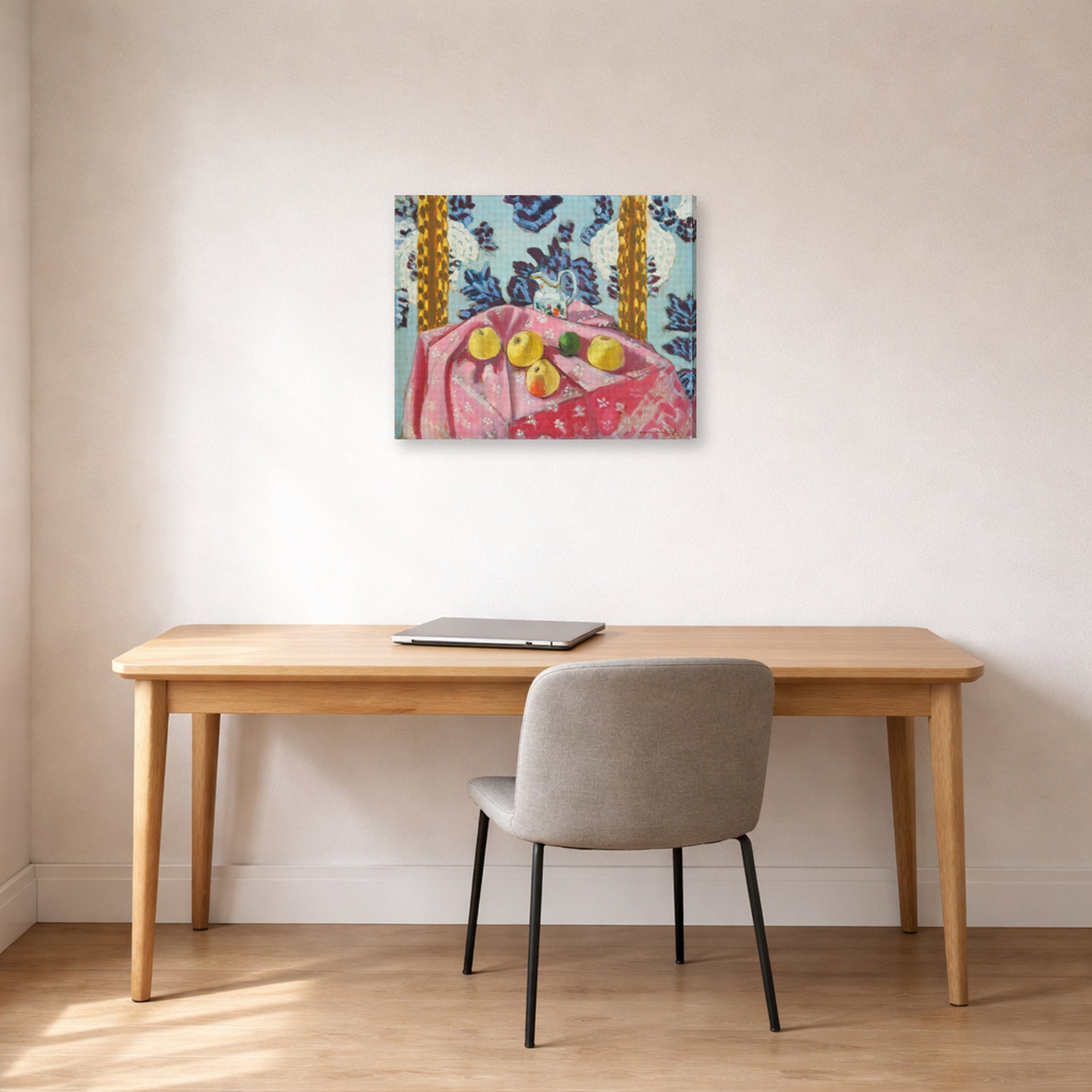 Gallery-wrapped canvas print of Henri Matisse's Still Life with Apples on a Pink Tablecloth hanging in a home office