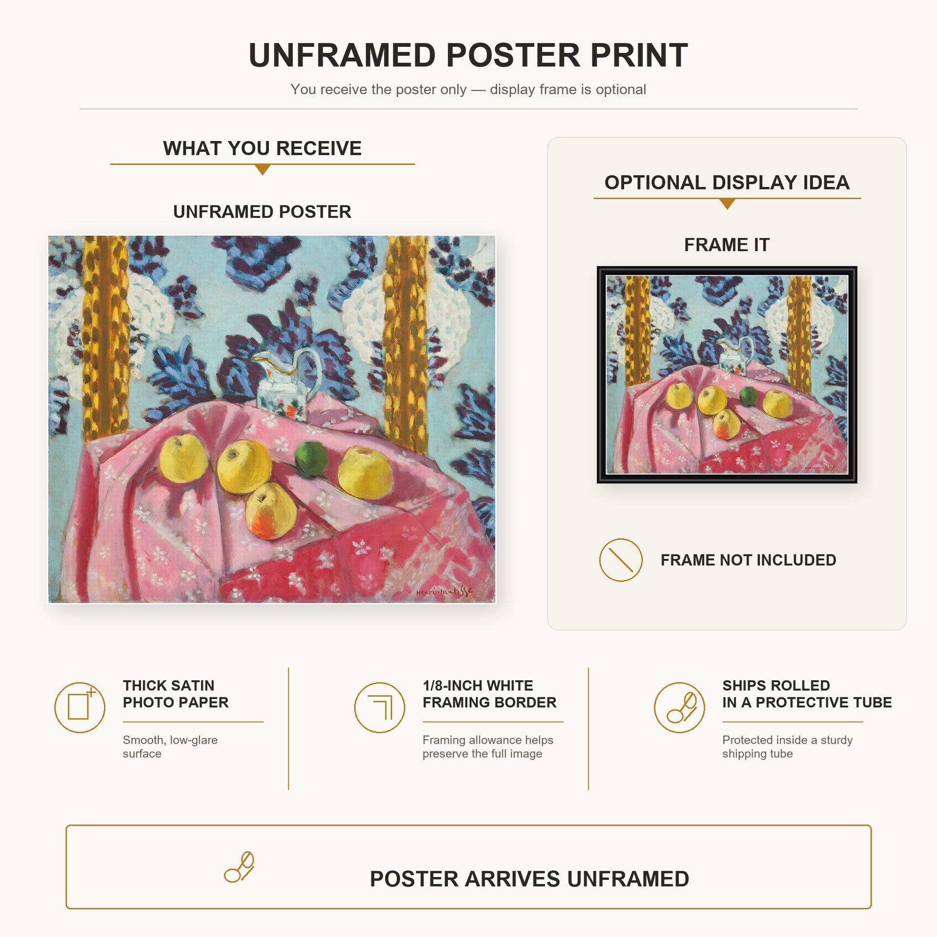 Henri Matisse - Still Life with Apples on a Pink Tablecloth poster print size comparison display infographic