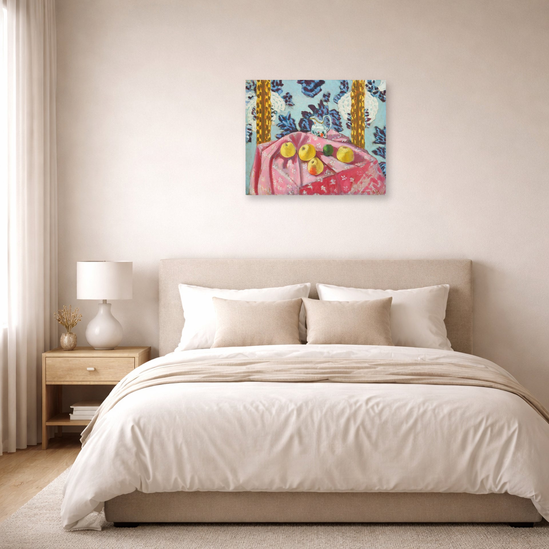 Unframed poster print of Henri Matisse's Still Life with Apples on a Pink Tablecloth displayed above a bed in a bedroom