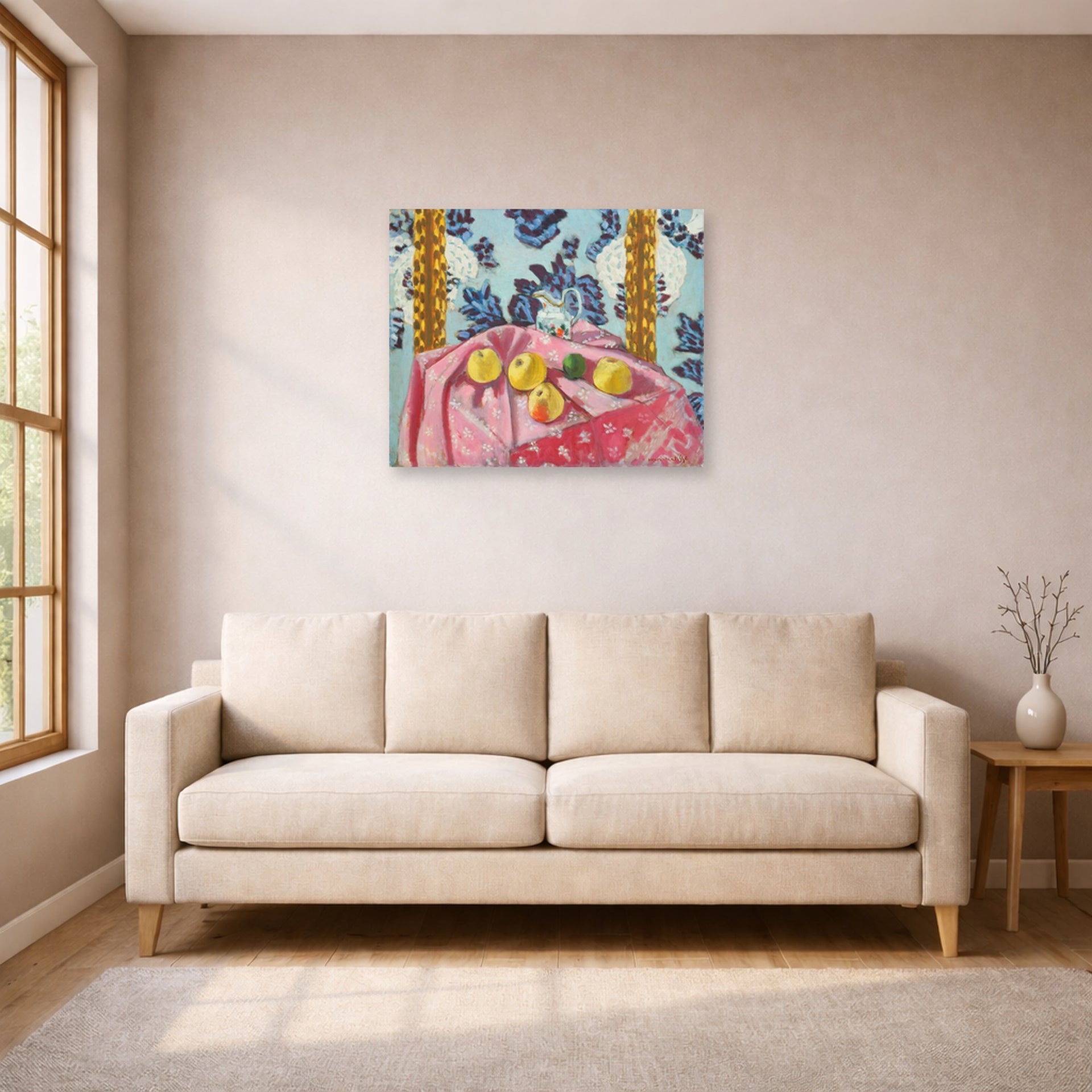 Unframed poster print of Henri Matisse's Still Life with Apples on a Pink Tablecloth displayed in a living room, view 1