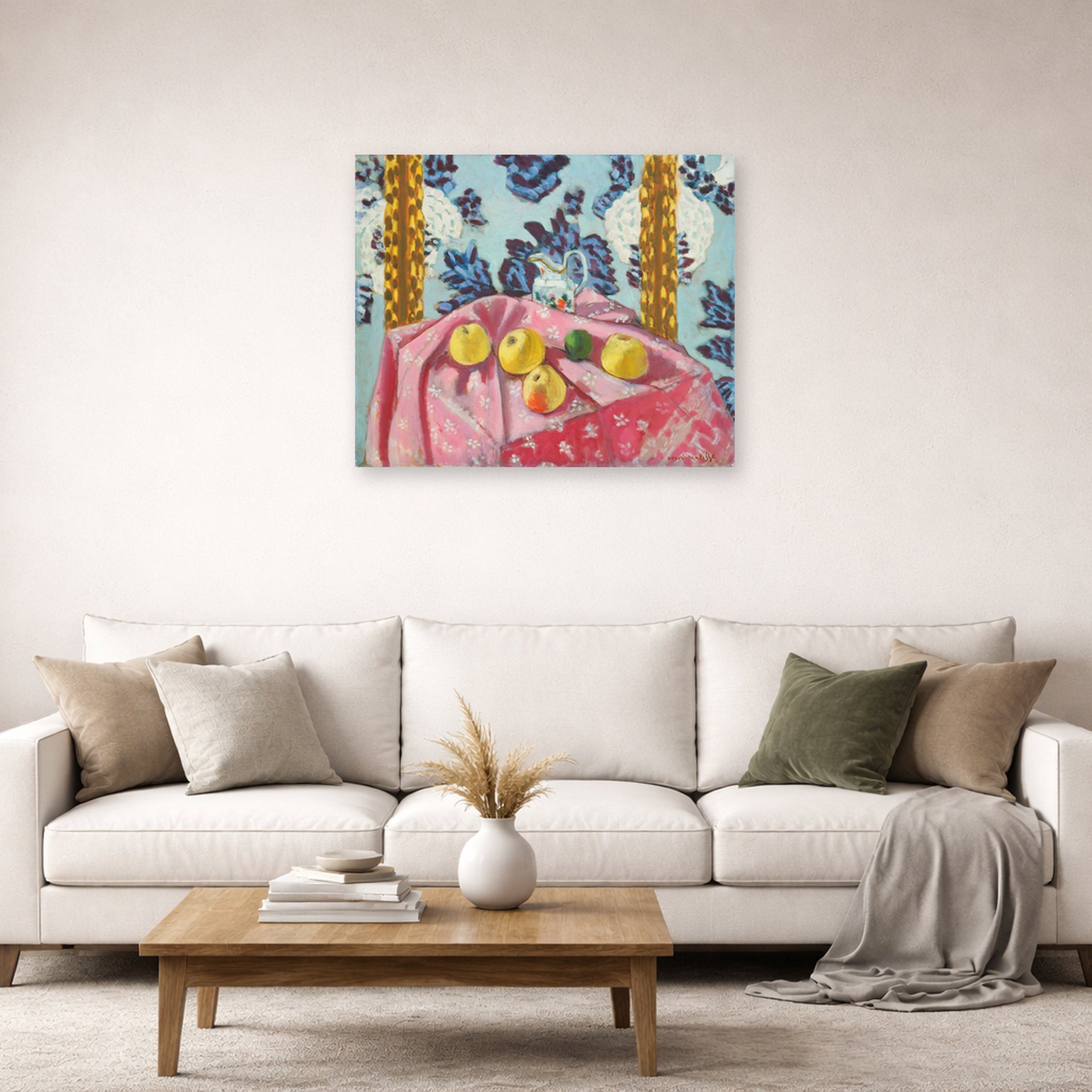 Unframed poster print of Henri Matisse's Still Life with Apples on a Pink Tablecloth displayed in a living room, view 2
