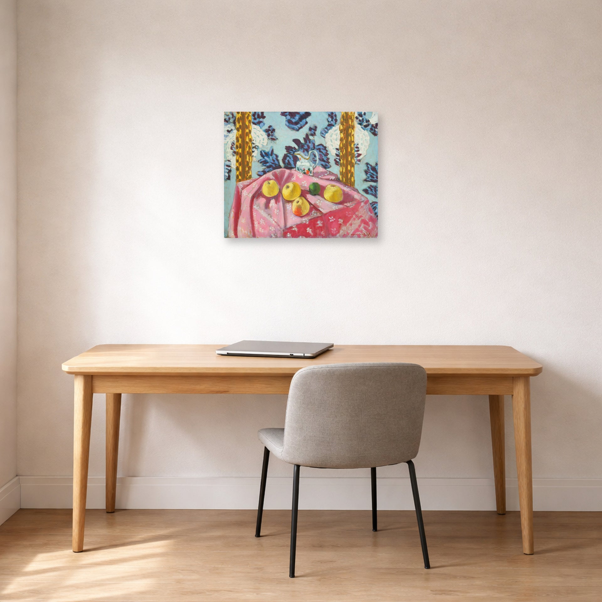 Unframed poster print of Henri Matisse's Still Life with Apples on a Pink Tablecloth displayed in a home office
