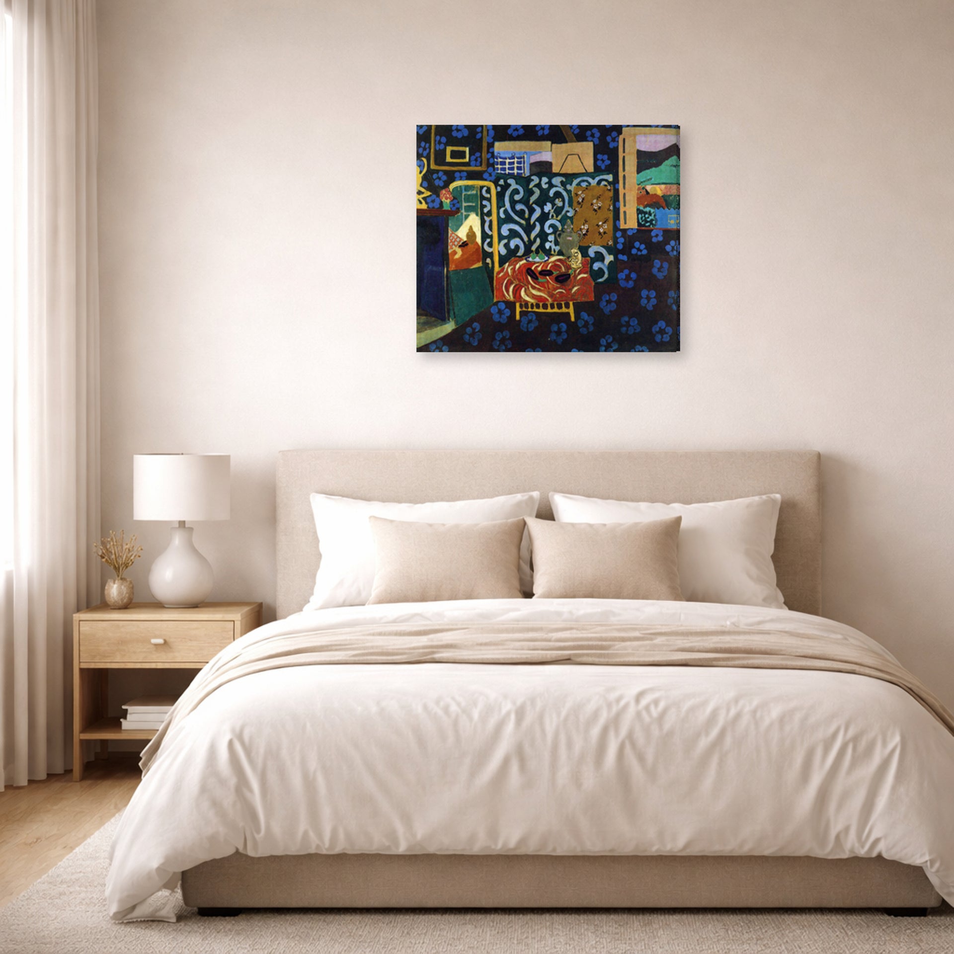 Gallery-wrapped canvas print of Henri Matisse's Still Life with Aubergines hanging above a bed in a bedroom
